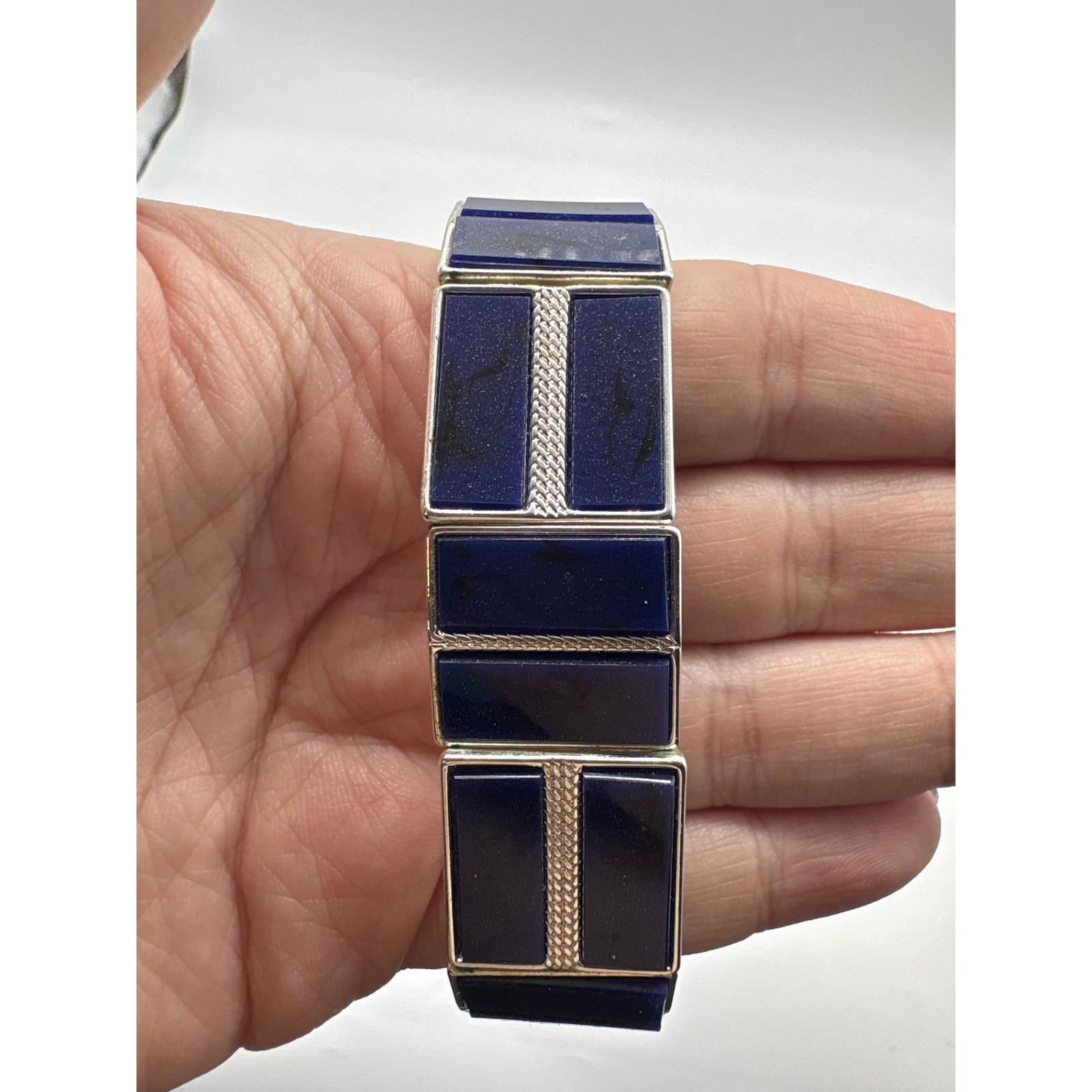 Vintage Silver Tone Cobalt Blue Black Geometric Stretch Statement Bracelet