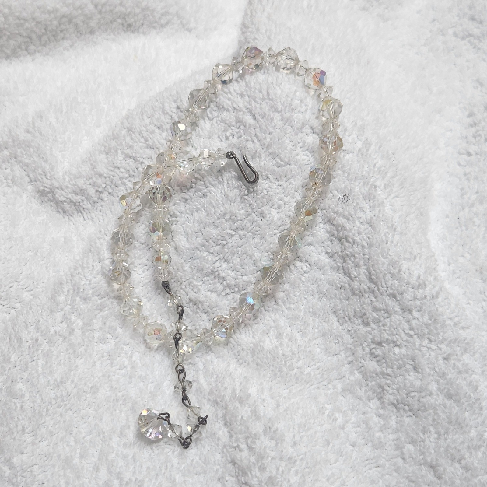 Vintage Aurora Borealis Crystal Bead Necklace Iridescent Faceted 15 Inch Hook