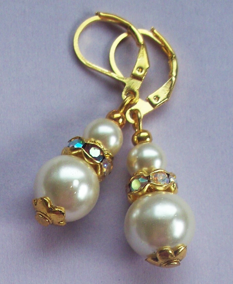 GLASS PEARL drops ANTIQUE WHITE Crystal Lever back handcrafted CHOOSE XX