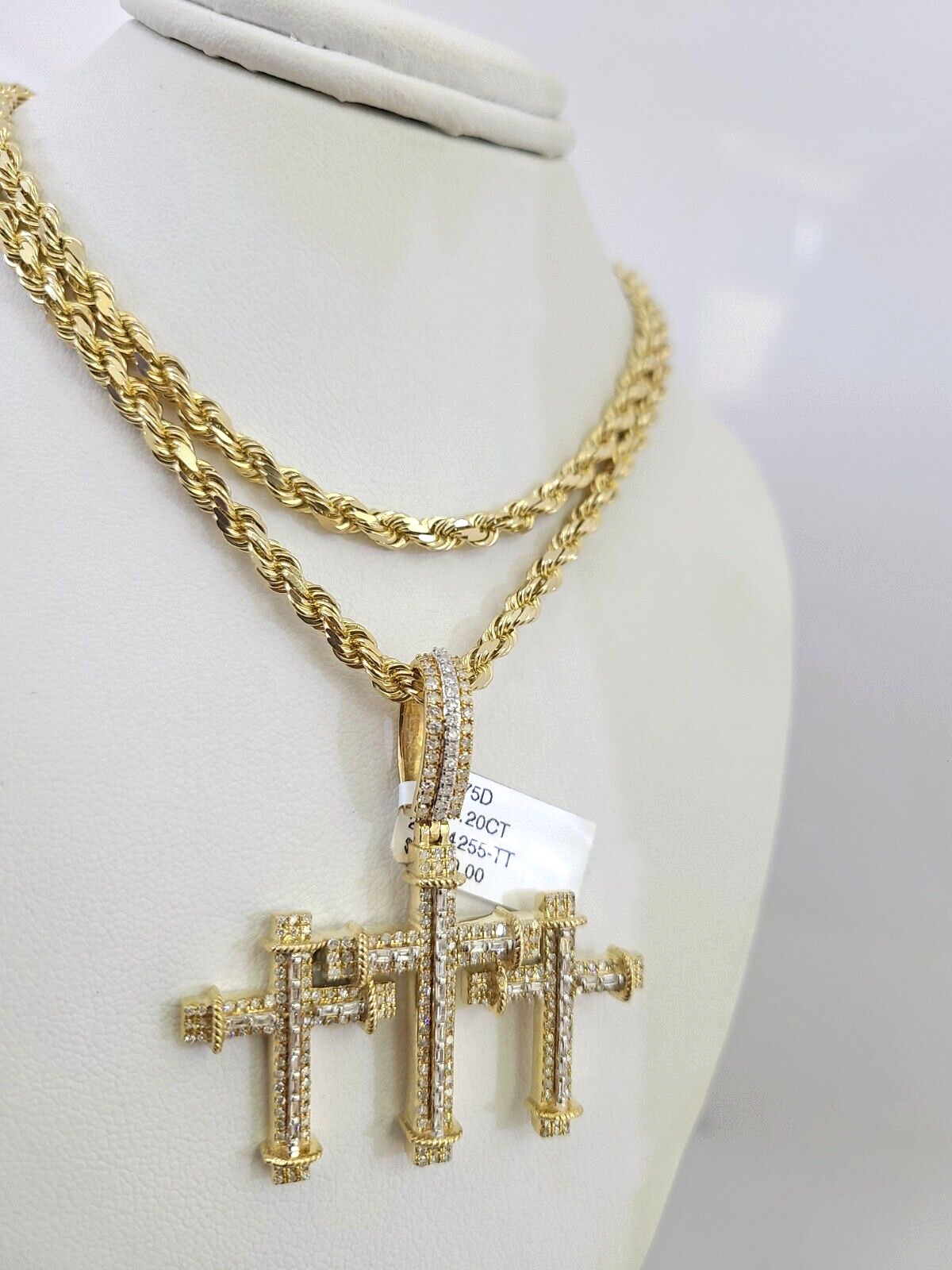10k Solid Rope Chain Triple Cross Charm Diamond Set 4mm 20″-28″ Necklace Gold