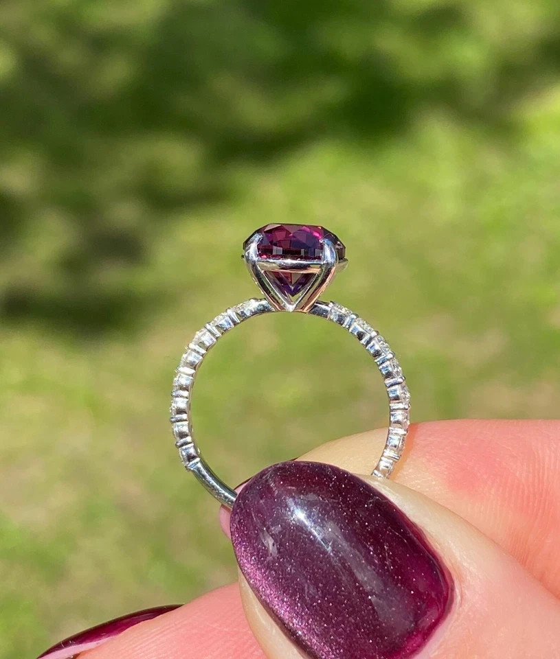 2.73Ct Round Natural Rhodolite Diamond Bridal Wedding Ring 950 Platinum Size 6 7