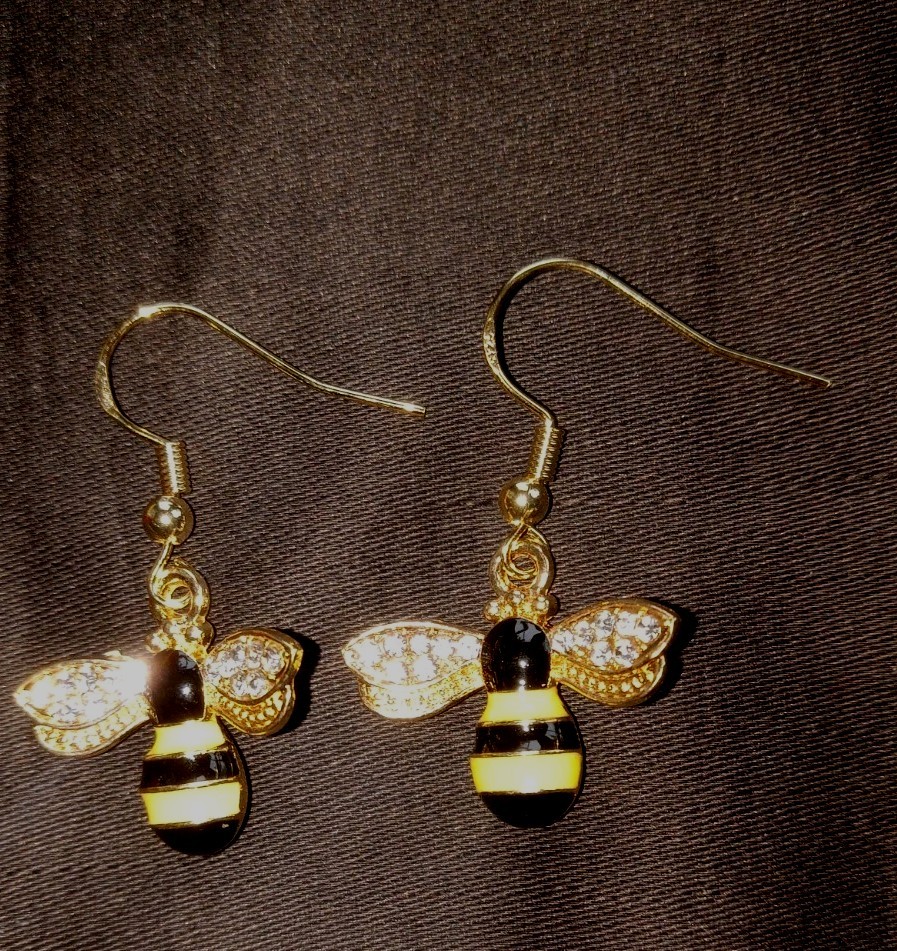 HONEY BEE DROP DANGLE EARRINGS goldplated Yellow Black Enamel with Rhinestones