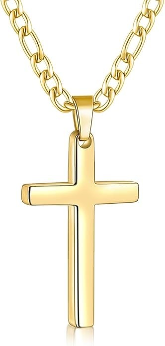 Collar de cruz chapado en oro de 14 quilates para hombre, cadena Figaro de acero