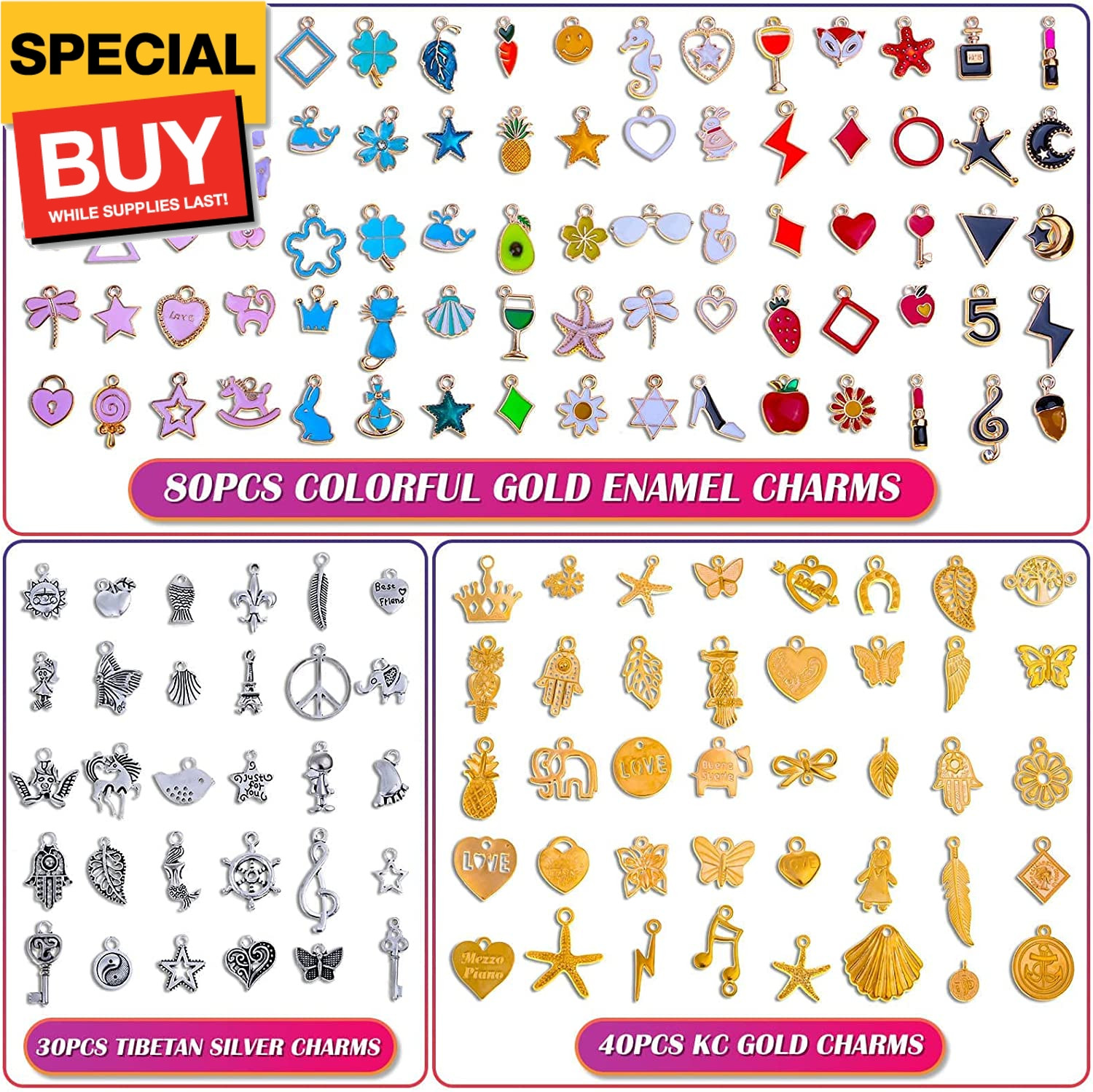 150PCS Bracelet Charms, Silver Bracelet Gold Plated Enamel Charms Pendants for N
