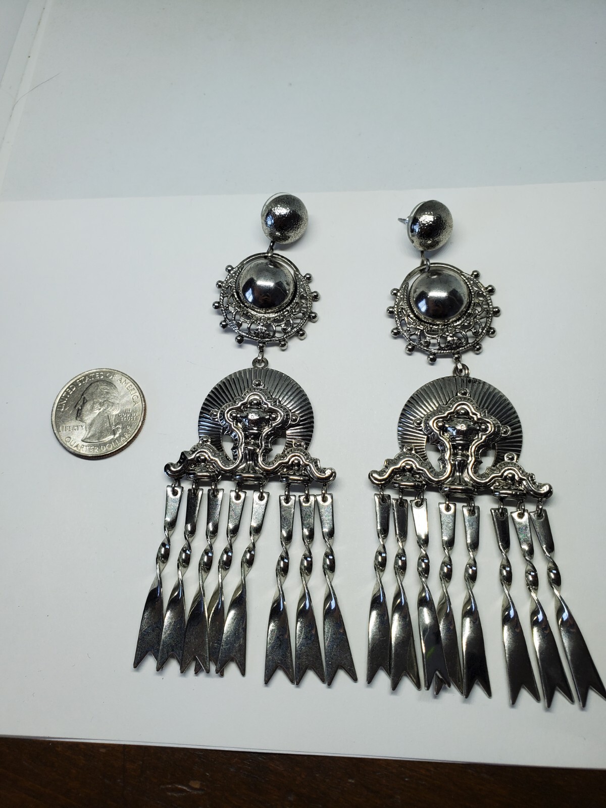 Elizabeth Cole Huge Silver Tone Ornate Statement Dangle Earrings