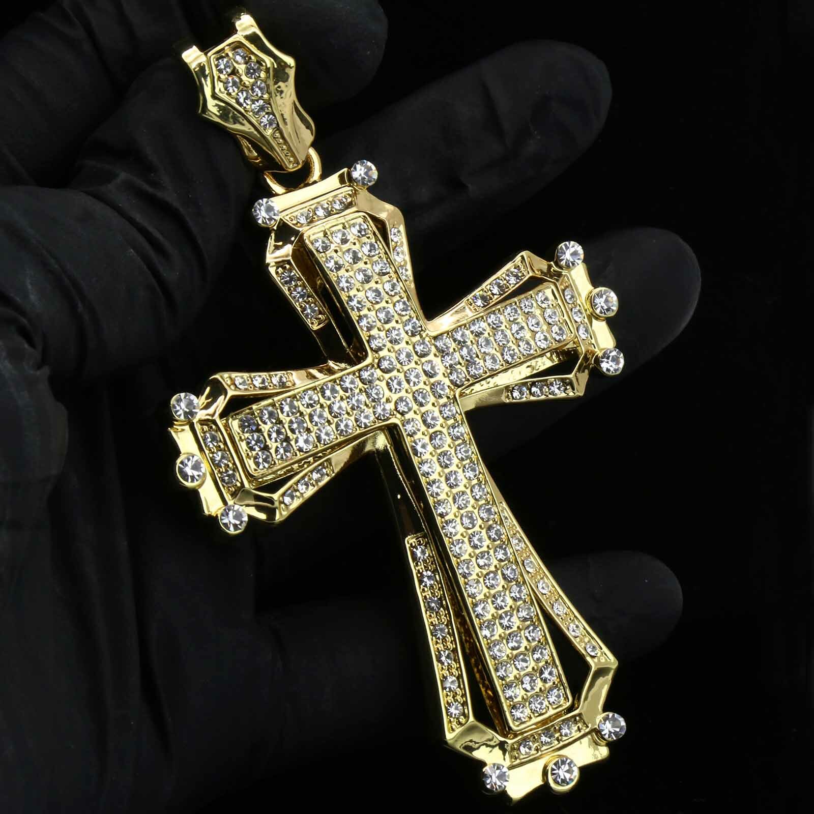 Hip Hop Gold Plated Large HOLLOW CROSS Pendant Cubic-Zirconia 30″ Cuban Chain