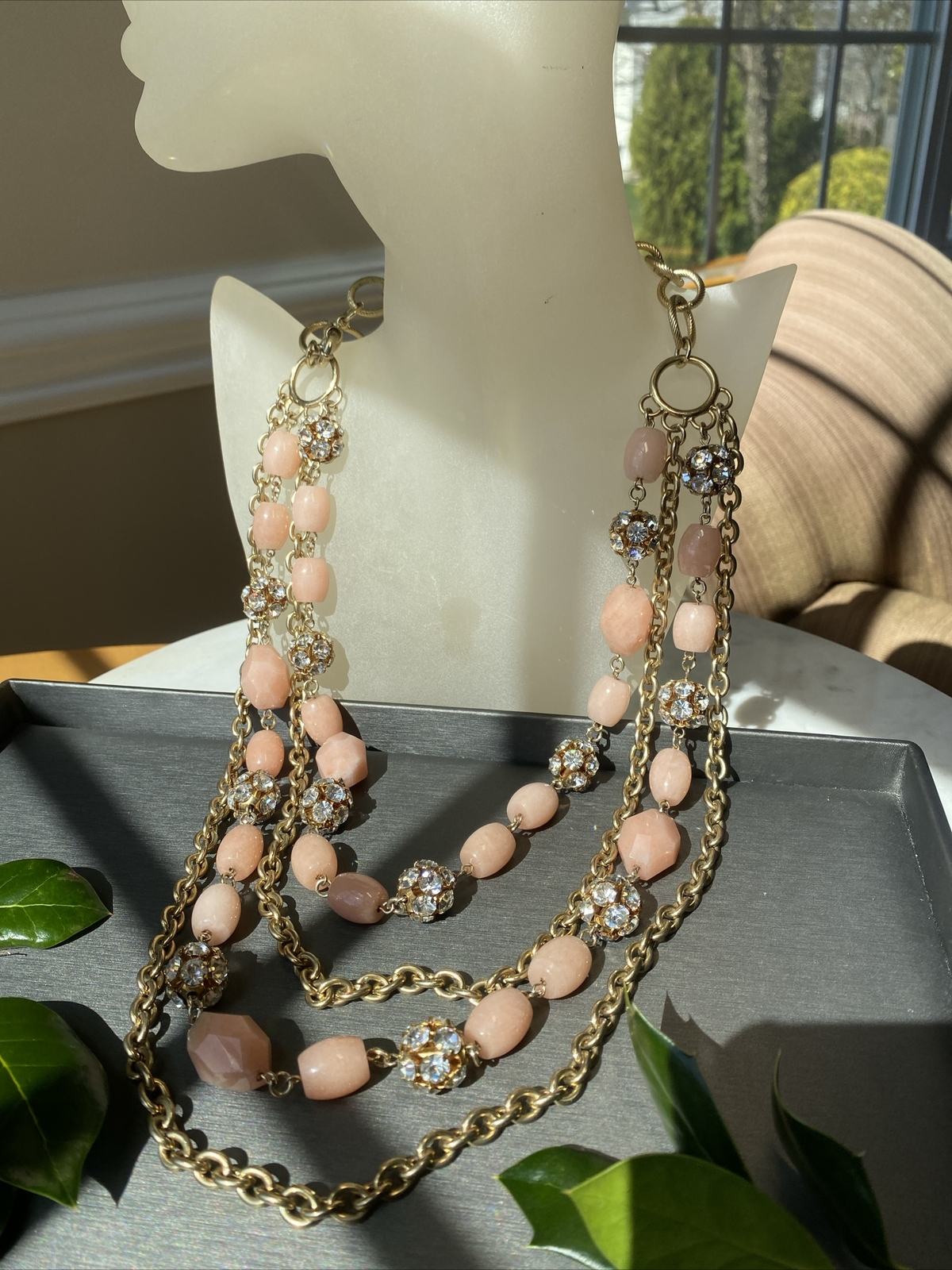 Vintage Necklace Estate Jewelry Pre-Owned Pink Gem Unusual Layered Sautoir