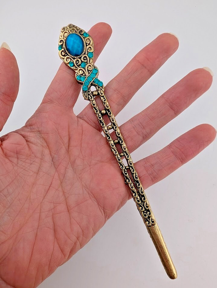 GOLDTONE & AQUA BLUE “CRYSTAL” HAIR STICK metal kanzashi bun french twist pin G6
