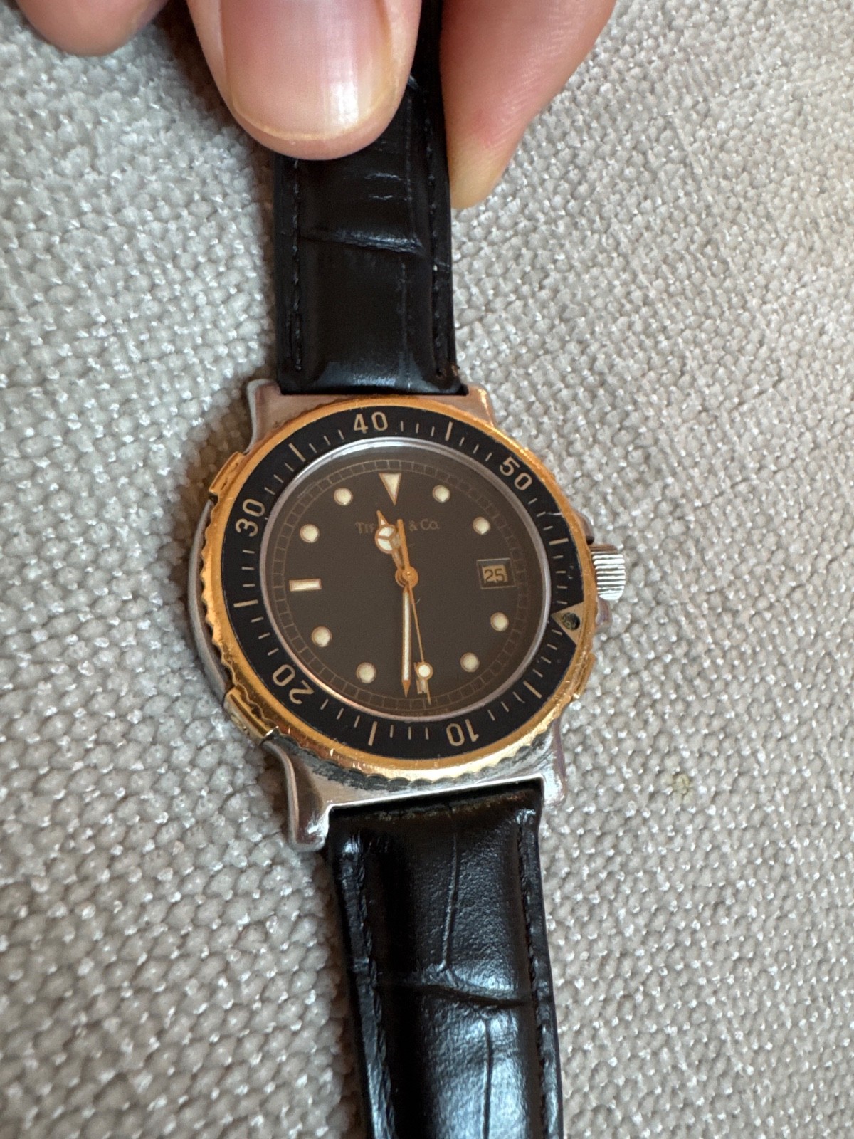 Tiffany & Co. Vintage Diver Watch Black Dial Two Tone Stainless Steel Quartz