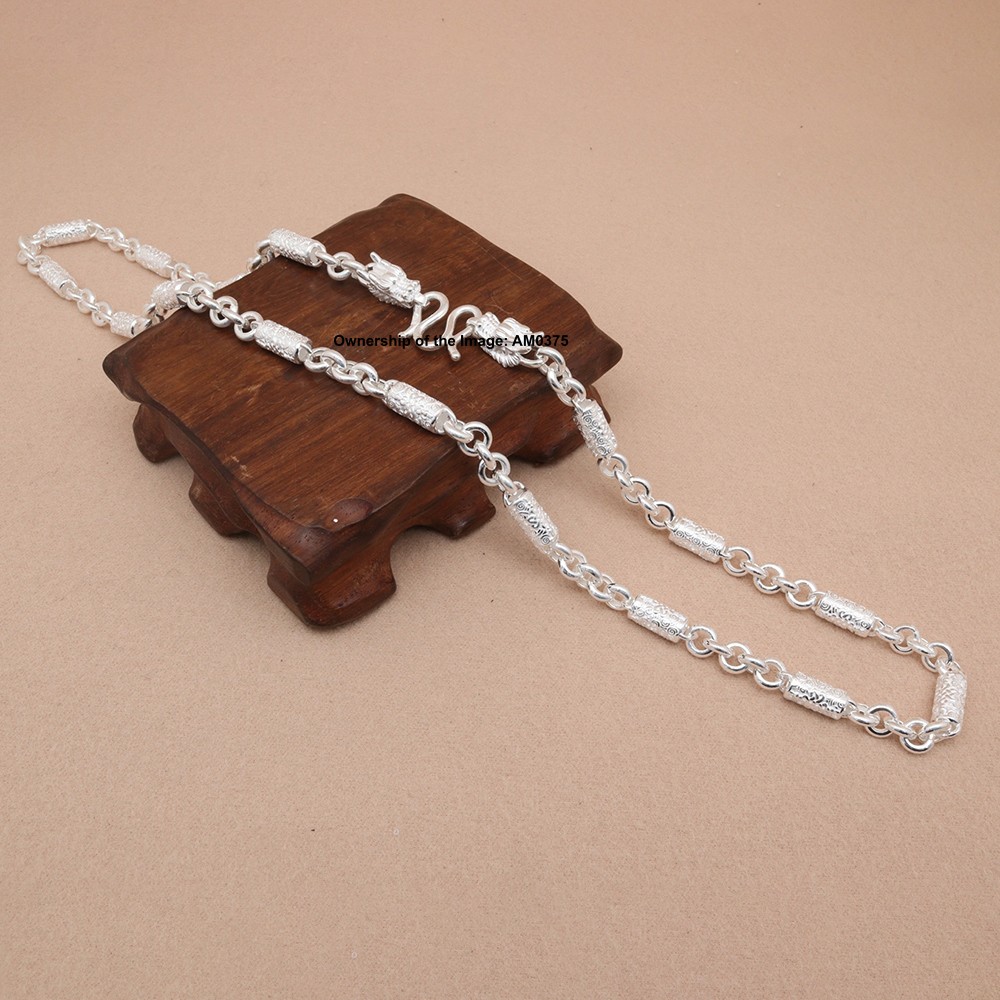 Real S999 Fine Silver Necklace 6.8mm Cloudy Tube and Rolo Link Chain Dragon Head