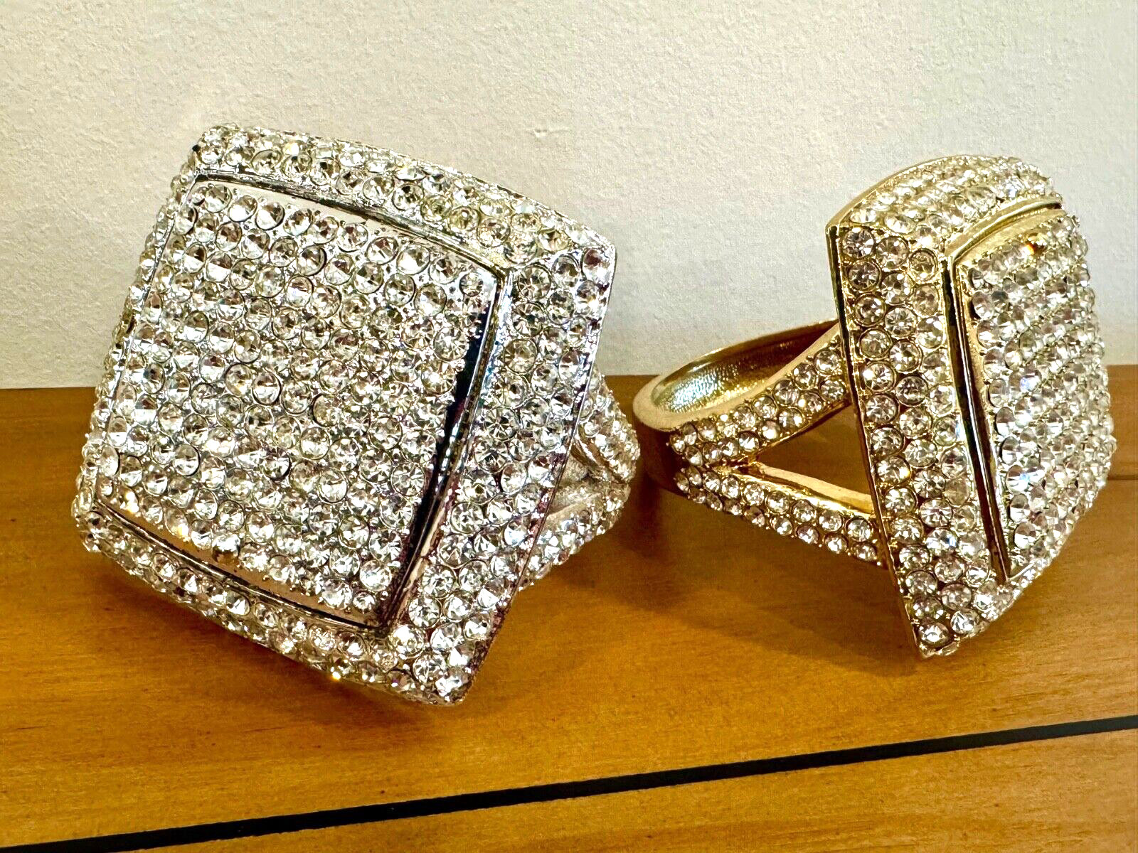 Big Bling Ring Box 2 Piece Set Gold & Silver ALL METAL Swarovski Style Crystals