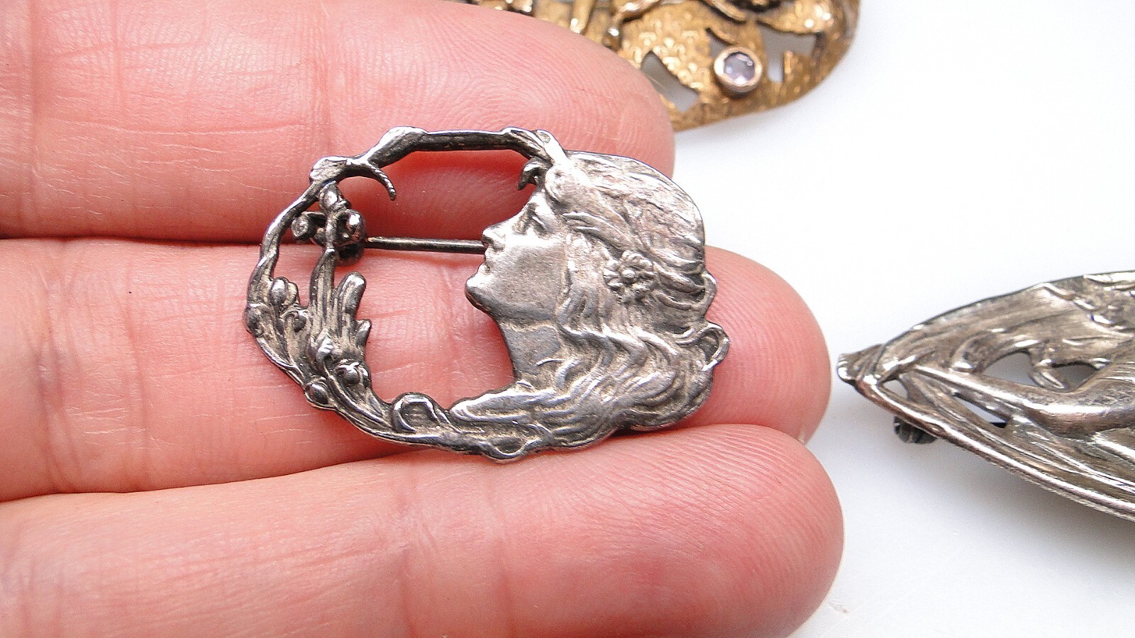 Art Nouveau Pins Jeweled Silver Metal Angel Woman’s Face Vintage 3pc Lot