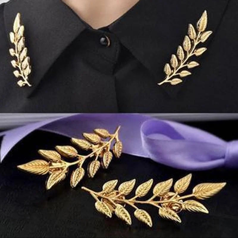Gentlemen Gold Silver Leaf Brooches Simple Elegant Retro Double Leaf Collar Pin
