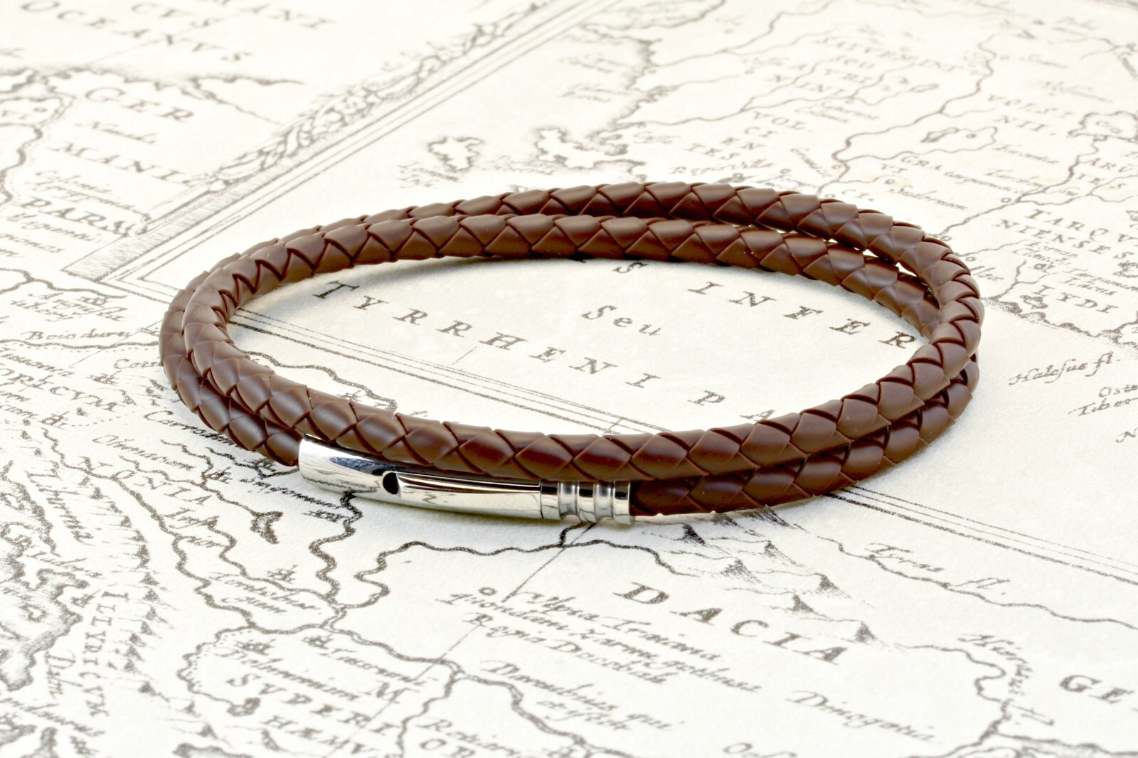 Men’s Double Wrap Braided Rubber Bracelet-Stainless Steel Trigger clasp-Brown