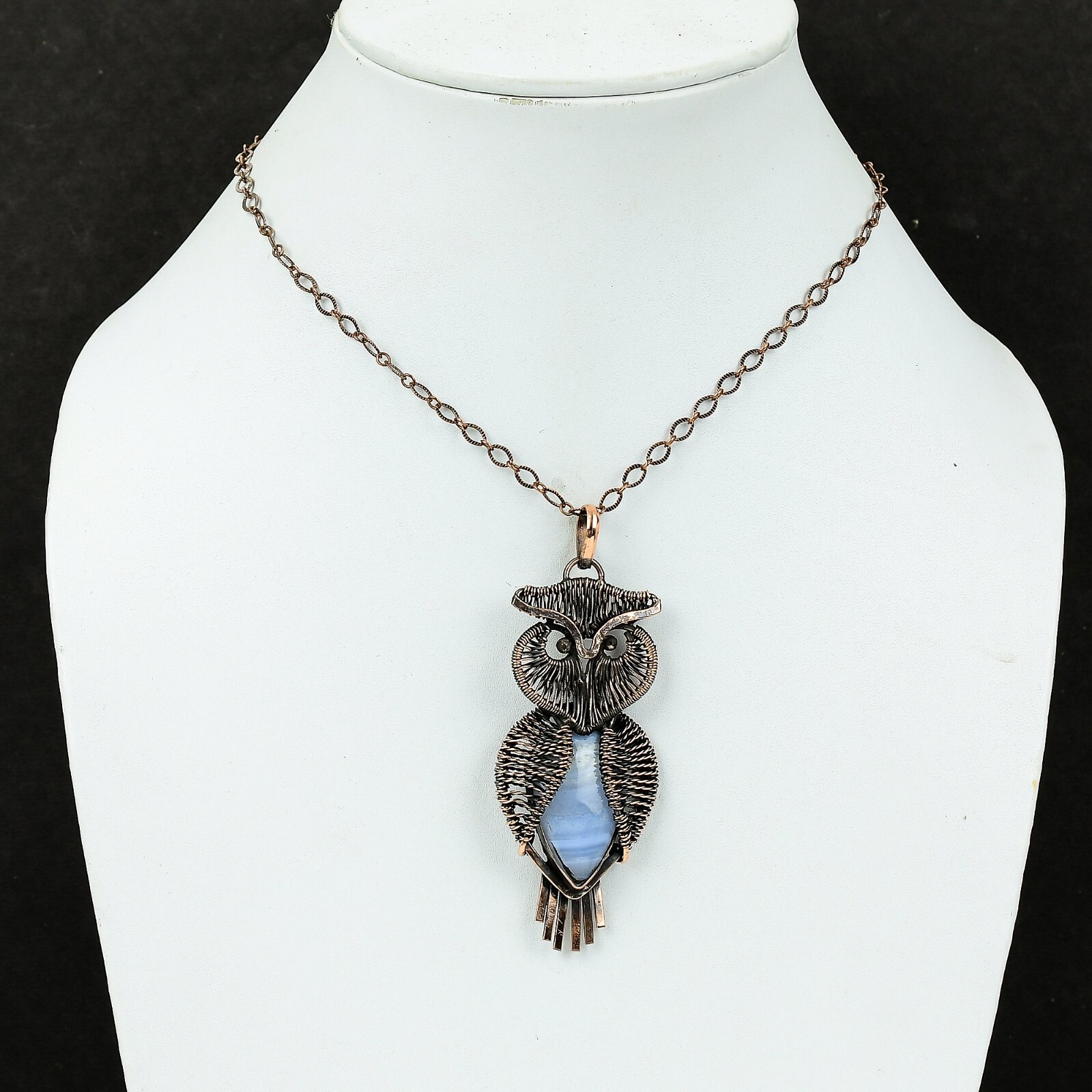 Blue Lace Agate Wire Wrapped Owl Pendant Handcrafted Copper Unique Jewelry 3.35″