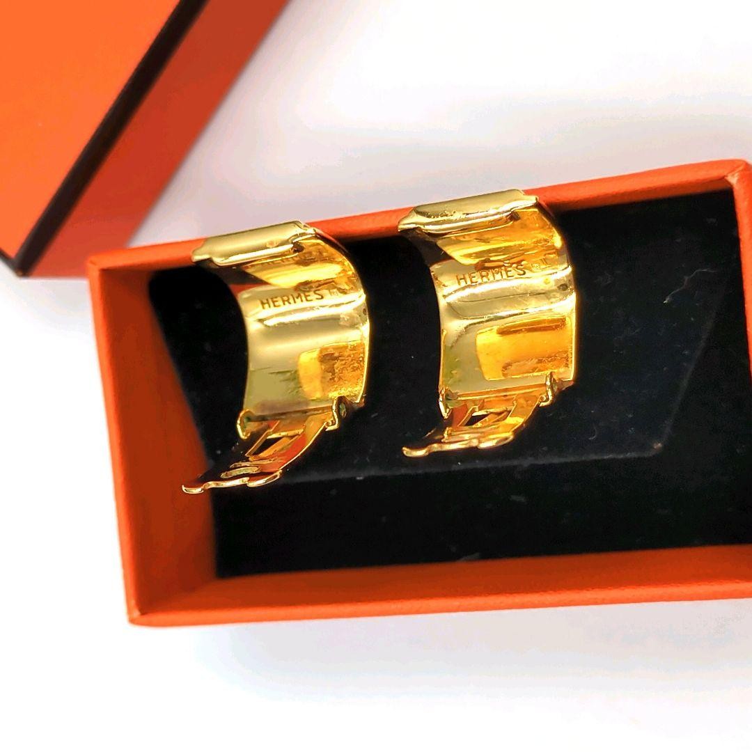 HERMES H Logo Clip On Earrings Enamel Gold Navy Vintage France Box Included Used