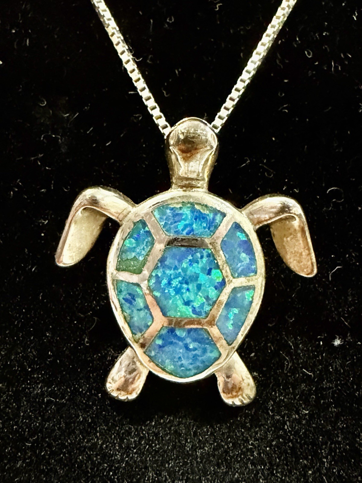 925 Sterling Silver Blue Opal Turtle Inlay Pendant Necklace Box Chain Lobster