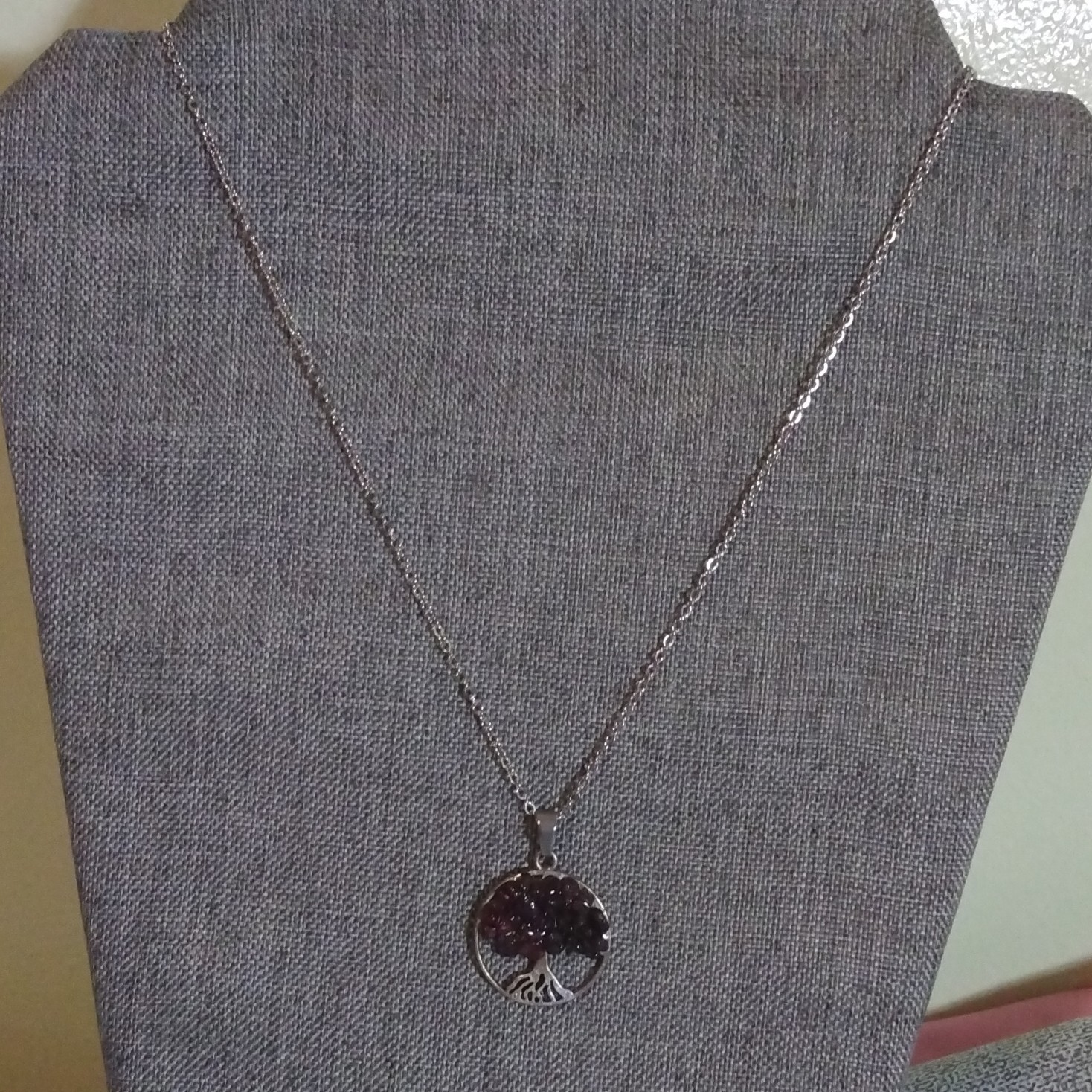 Tree of Life Round Charm Pendant Necklace Silver Tone Purple Crystal Cluster