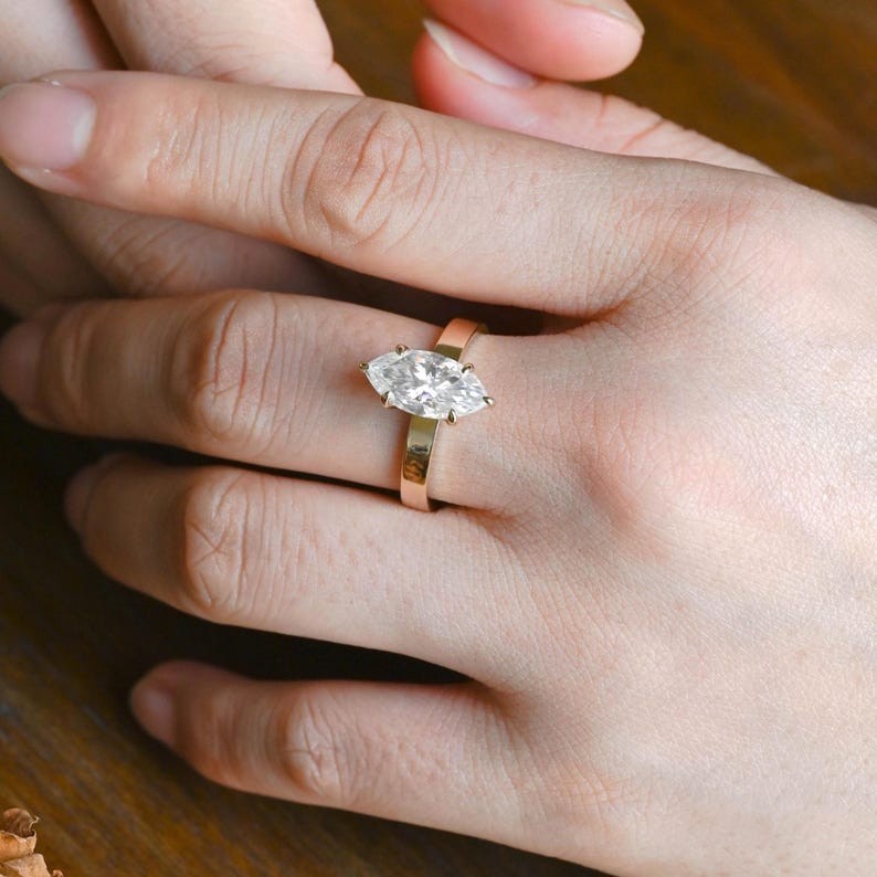 2.0 CT Marquise Cut Moissanite Prong Set 14K Gold Solitaire Engagement Ring