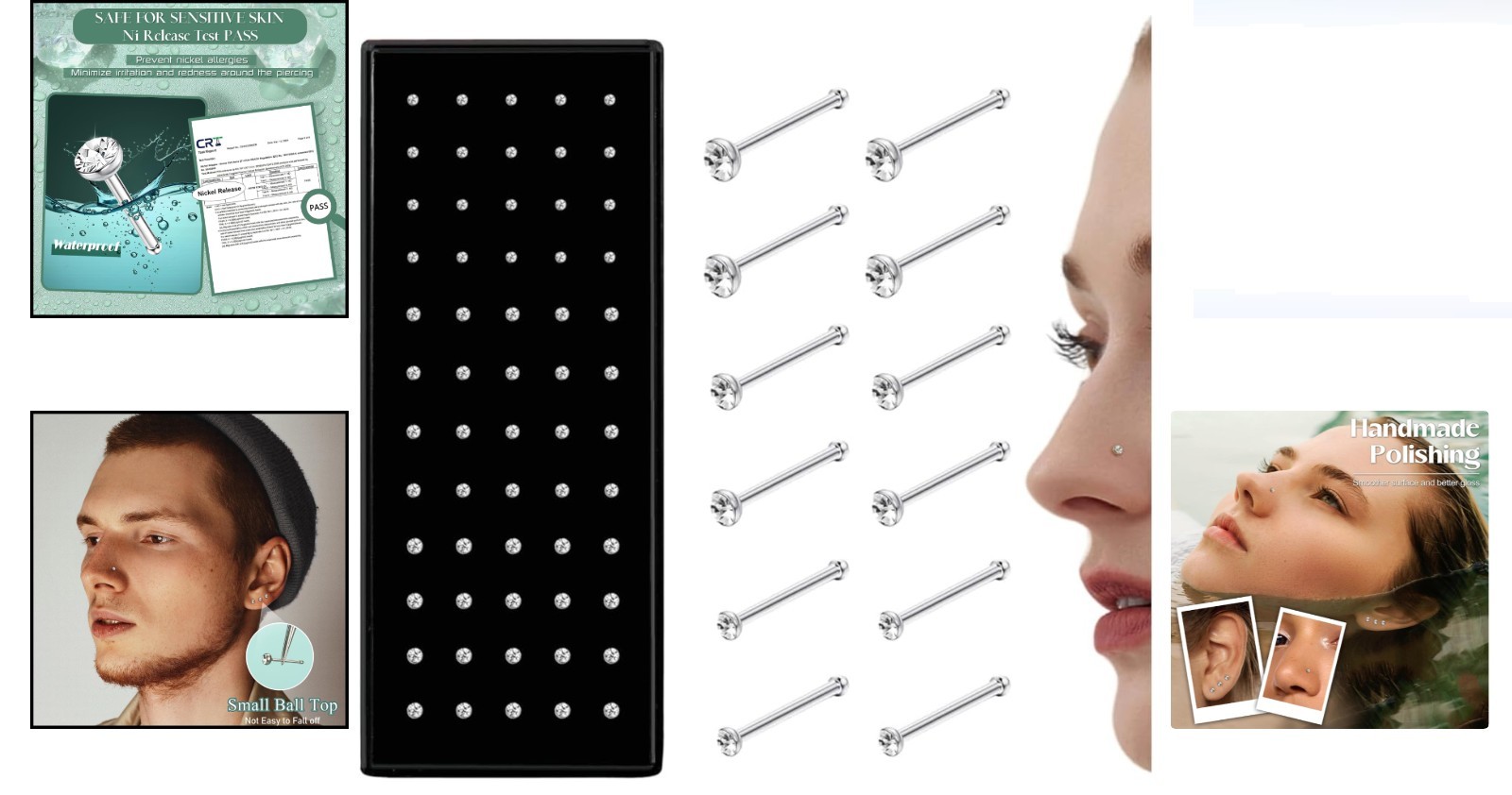 Stainless Steel Nose Studs Rings 20G 22G 1.5mm 2mm 2.5mm Pack of 60