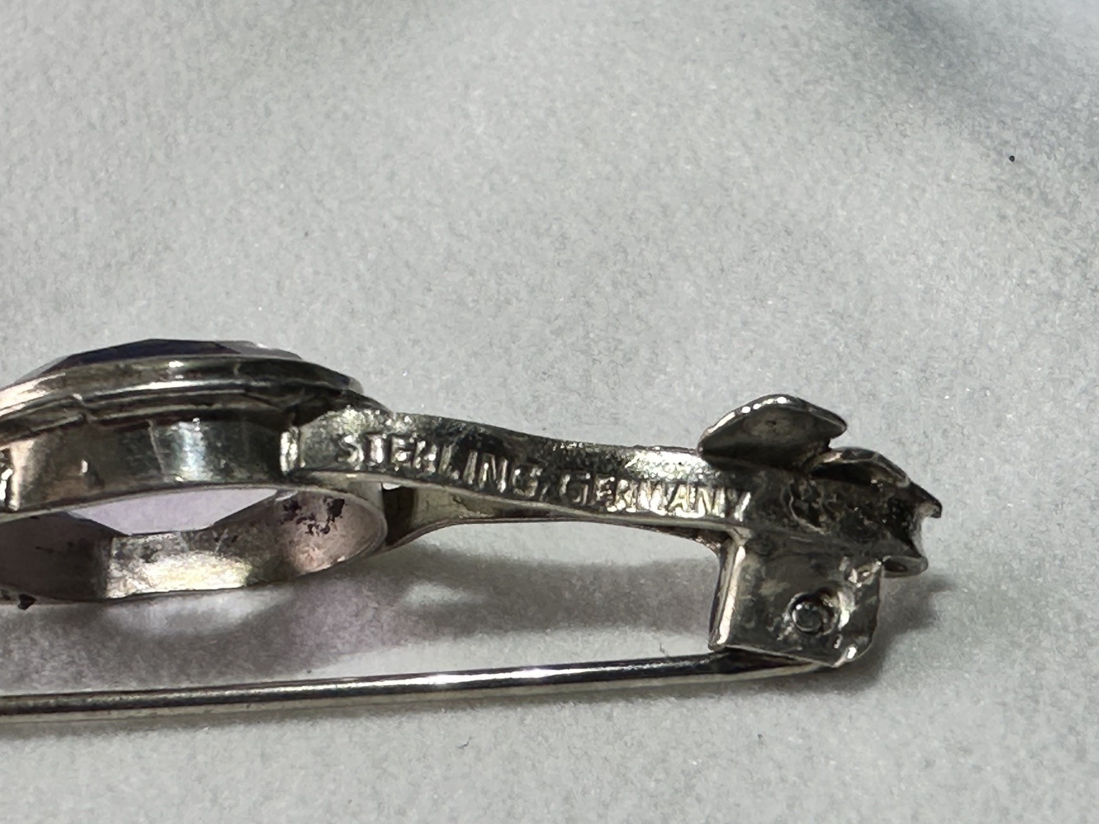 Antique German Sterling Silver Amethyst Brooch Pin Extended C Clasp