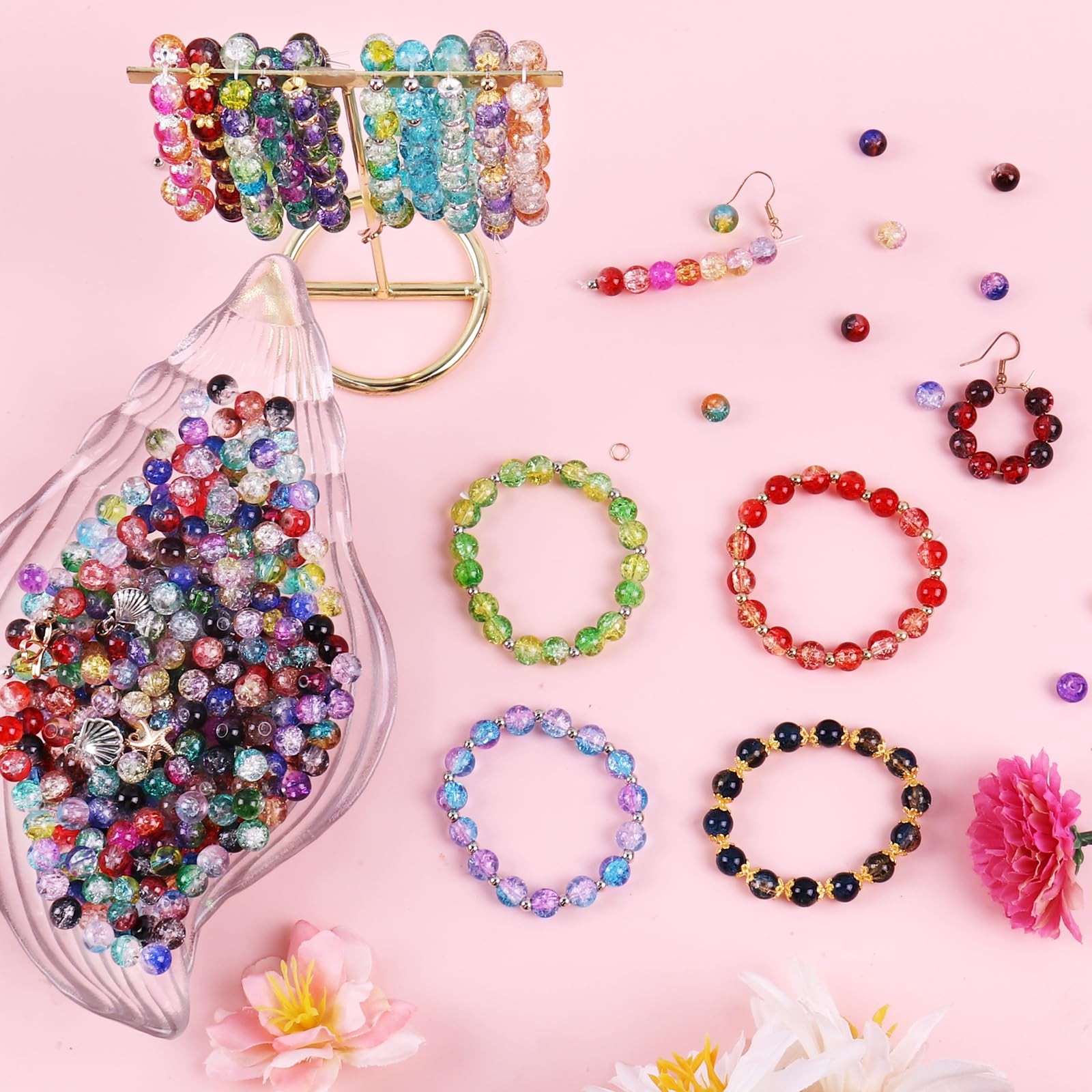 1800PCS 8mm Crackle Glass Beads Bracelet Making Kit, 48 Colors 8mm, crackle