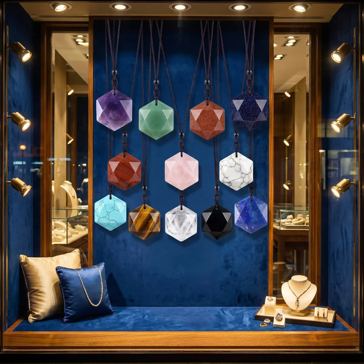 6PCS Hot Sale Mixed Gemstones Star Hexagon Shape Necklaces Adjustable Cord