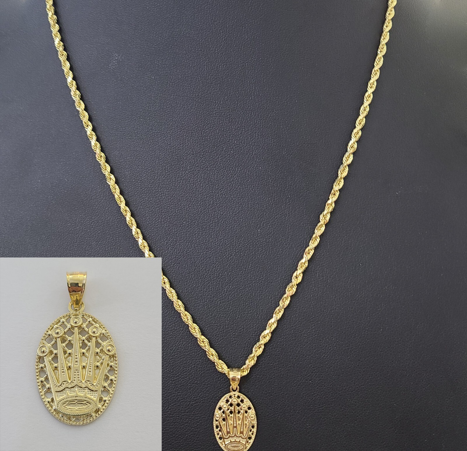 10K Yellow Gold Crown Pendent Charm 3mm Rope Chain 18″ 20″ 22″ 24″ 26″ Inch