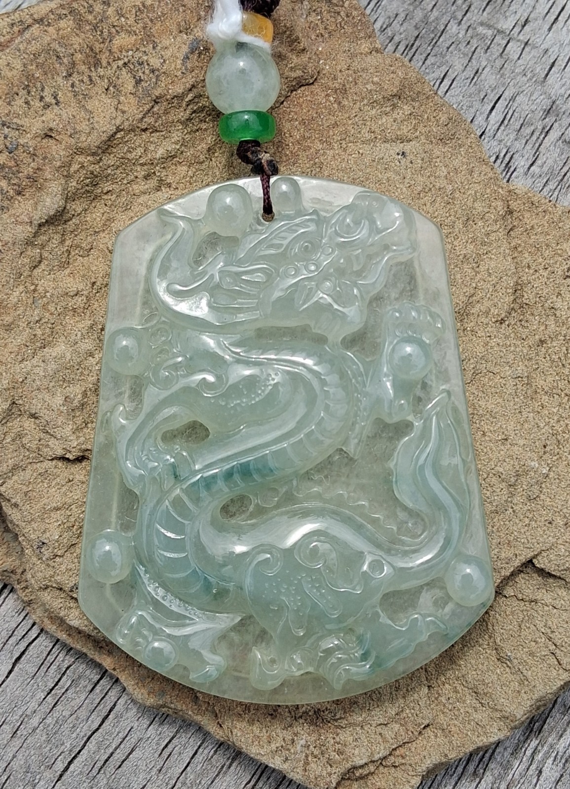 Natural Green Jade Dragon Amulet Pendant Necklace on Cord, Rectangle, Unisex