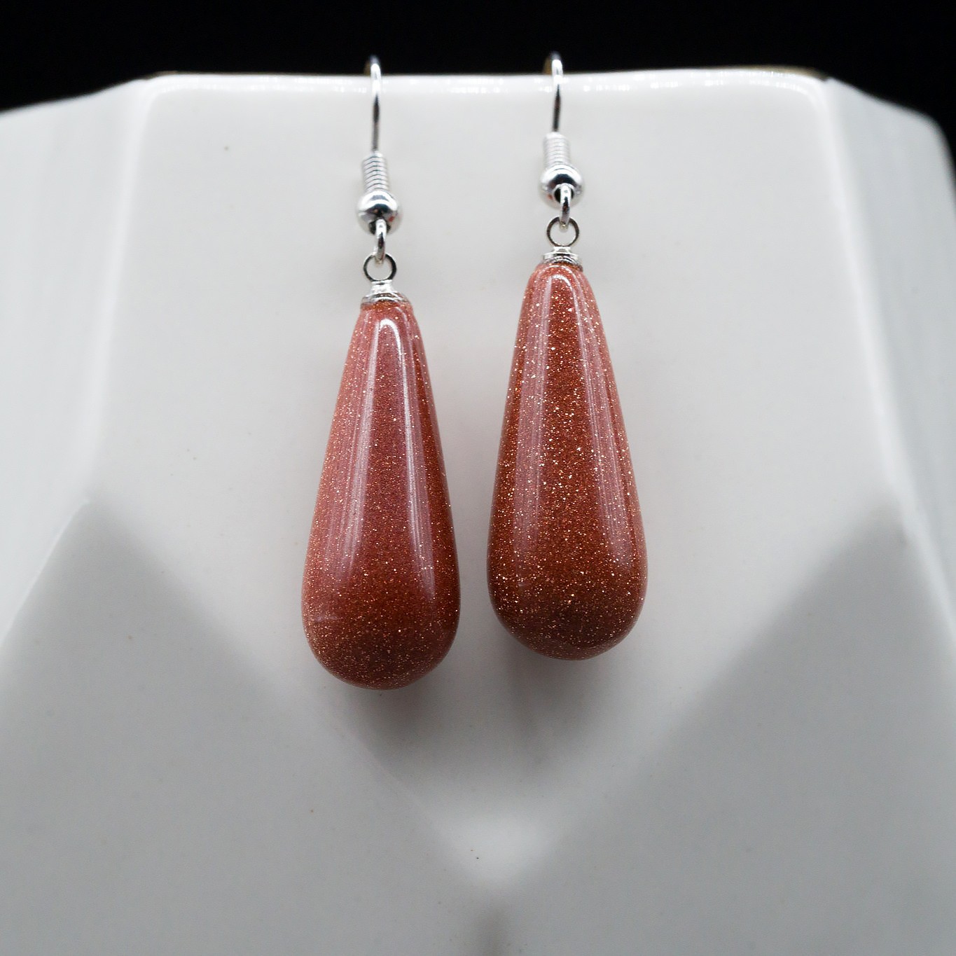 Gold Sandstone Goldstone Crystal Gemstone Teardrop Earrings Silver Jewelry Girls