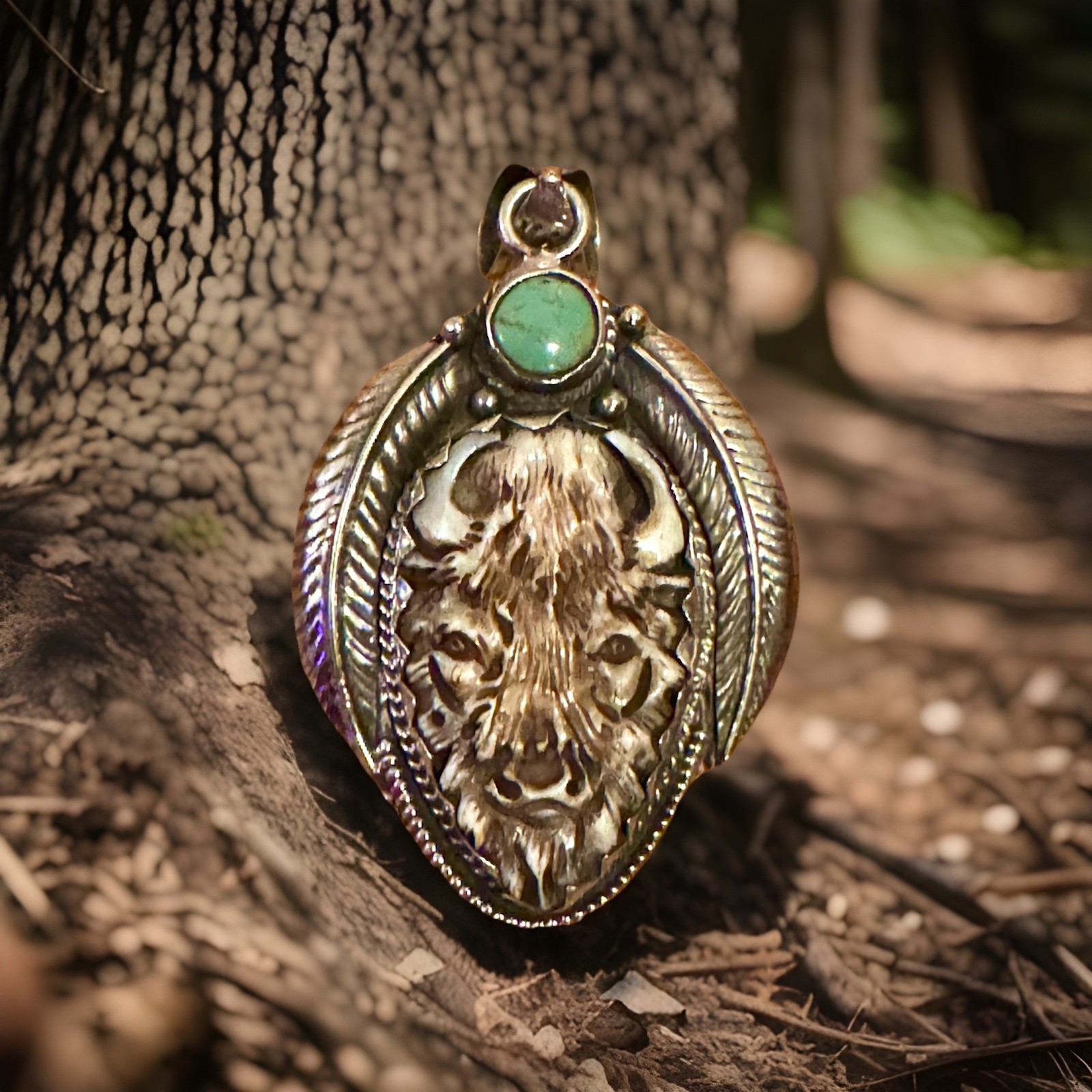 Hand Carved Bone Pendant,Bison Art,Auspicious Floral Carving,Turquoise & Silver