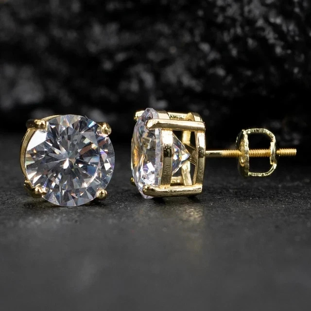 2ct Round Real Moissanite Wedding Stud Earrings For Man 14k Yellow Gold Plated