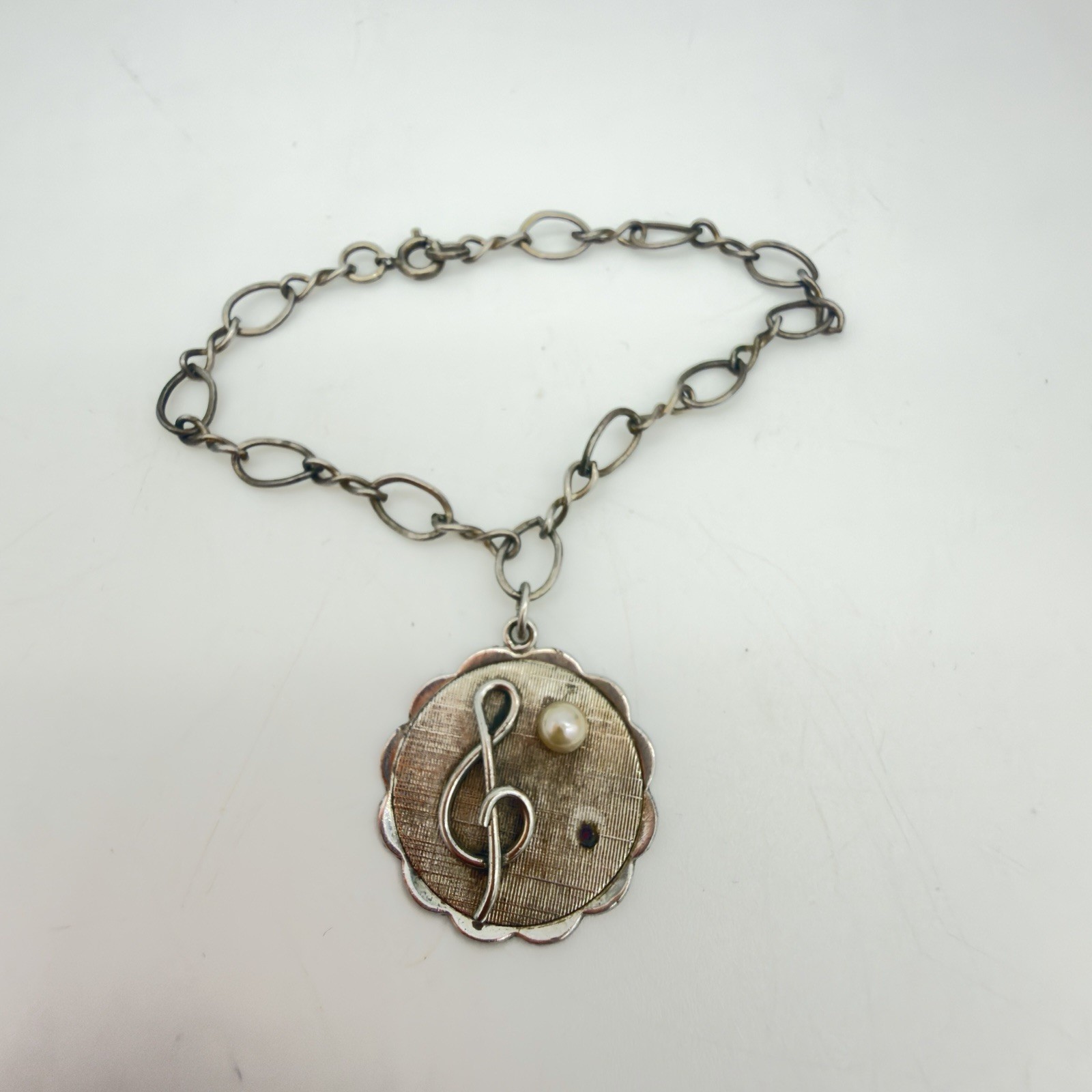 Vtg 40s Sterling Silver Charm Bracelet Music Note Charm Genie Pearl Read