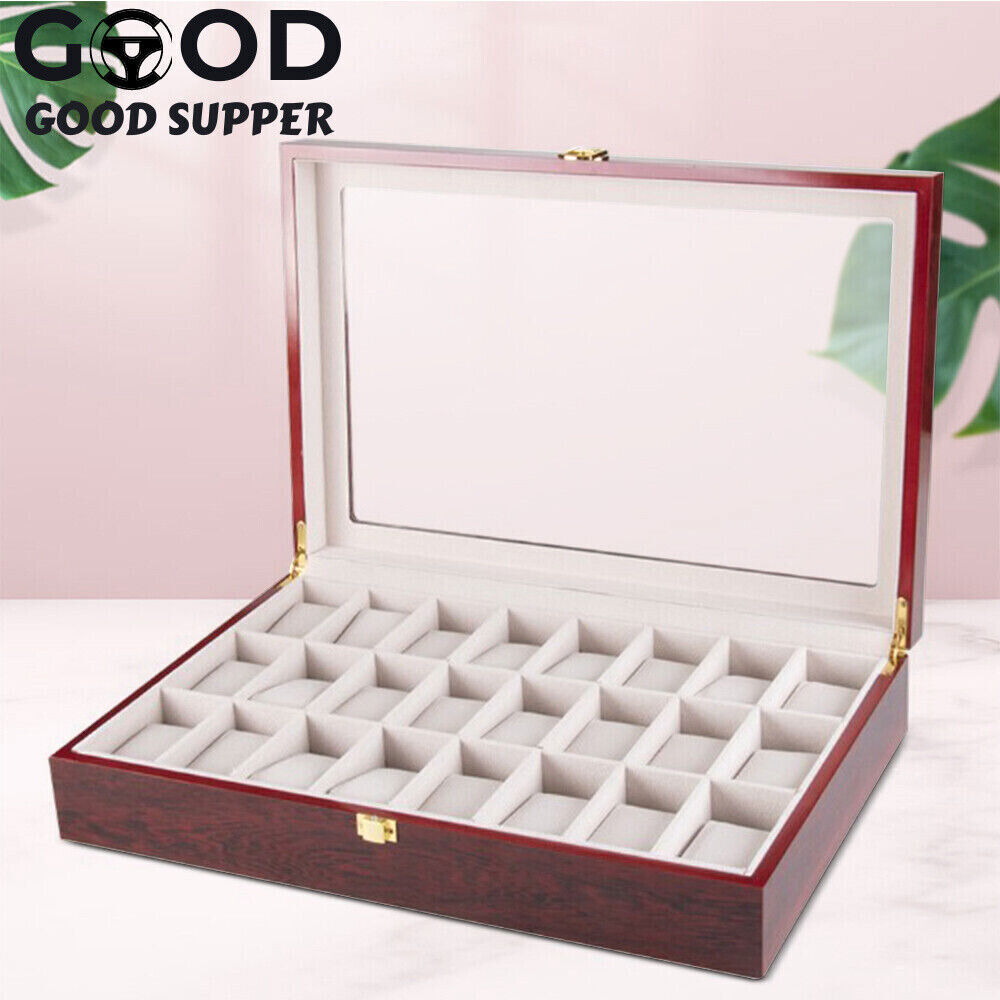 24 Slot Wood Box Watch Holder Storage Display Case Jewelry Large Storage Space