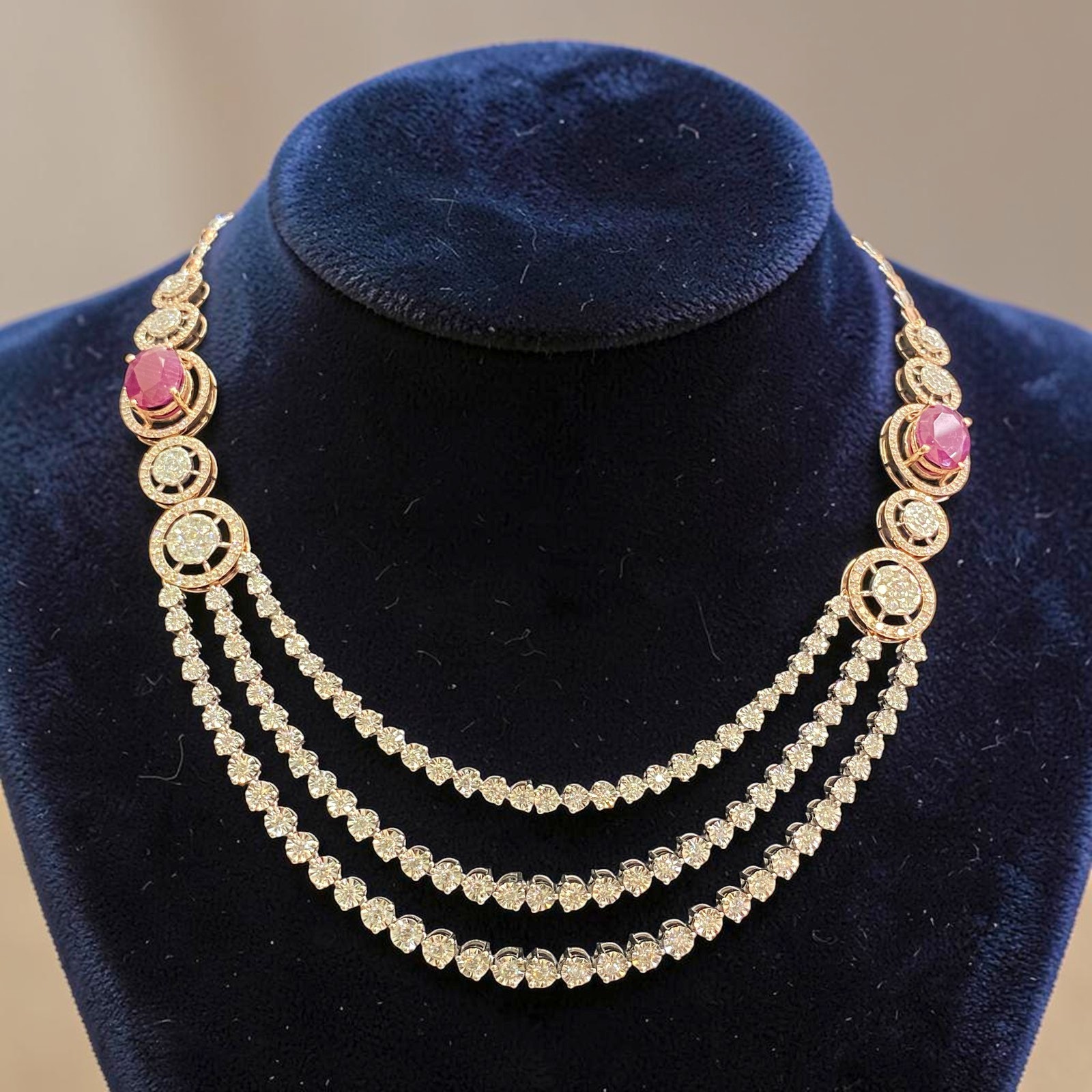 12.30 Cts Round Brilliant F/VS1 Diamonds Ruby 3-Strand Tennis Necklace 14KT Gold