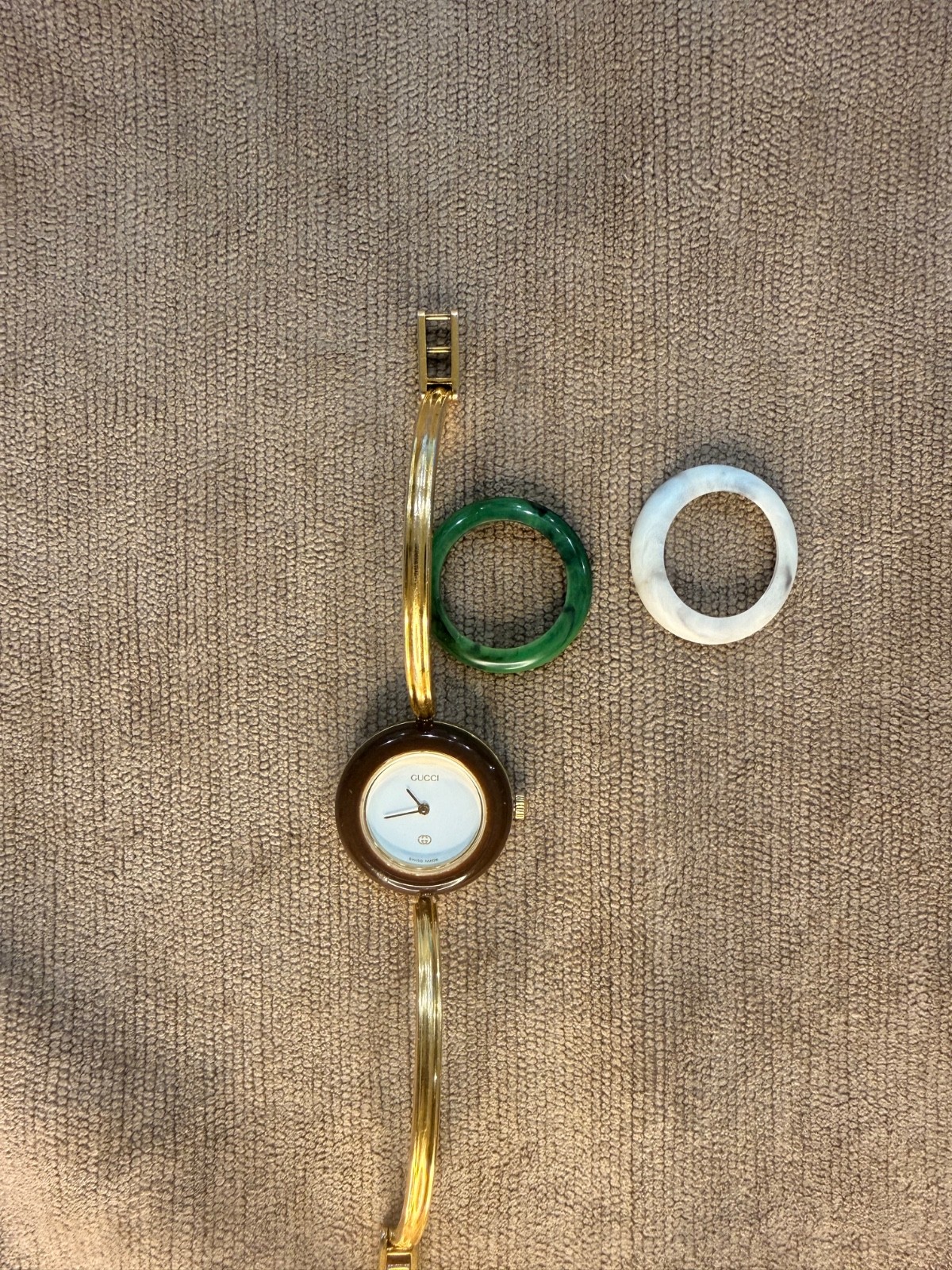 Gucci 1100L Gold Bangle Watch – Swiss Made, Working, 3 Interchangeable Bezels