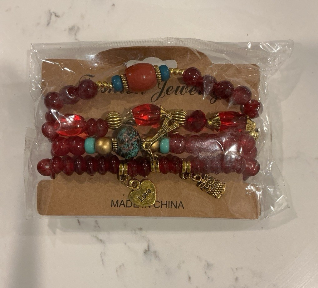 Red & Gold Beaded Stretch Charm Bracelet Set, Love Theme, Made in China