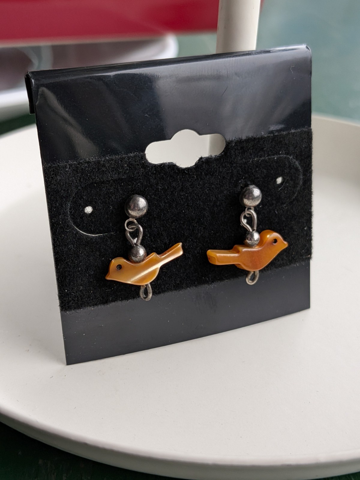 MCM Dainty Fetish Pierced Silver Tone Earrings Carved Orange Brown Shell Birds