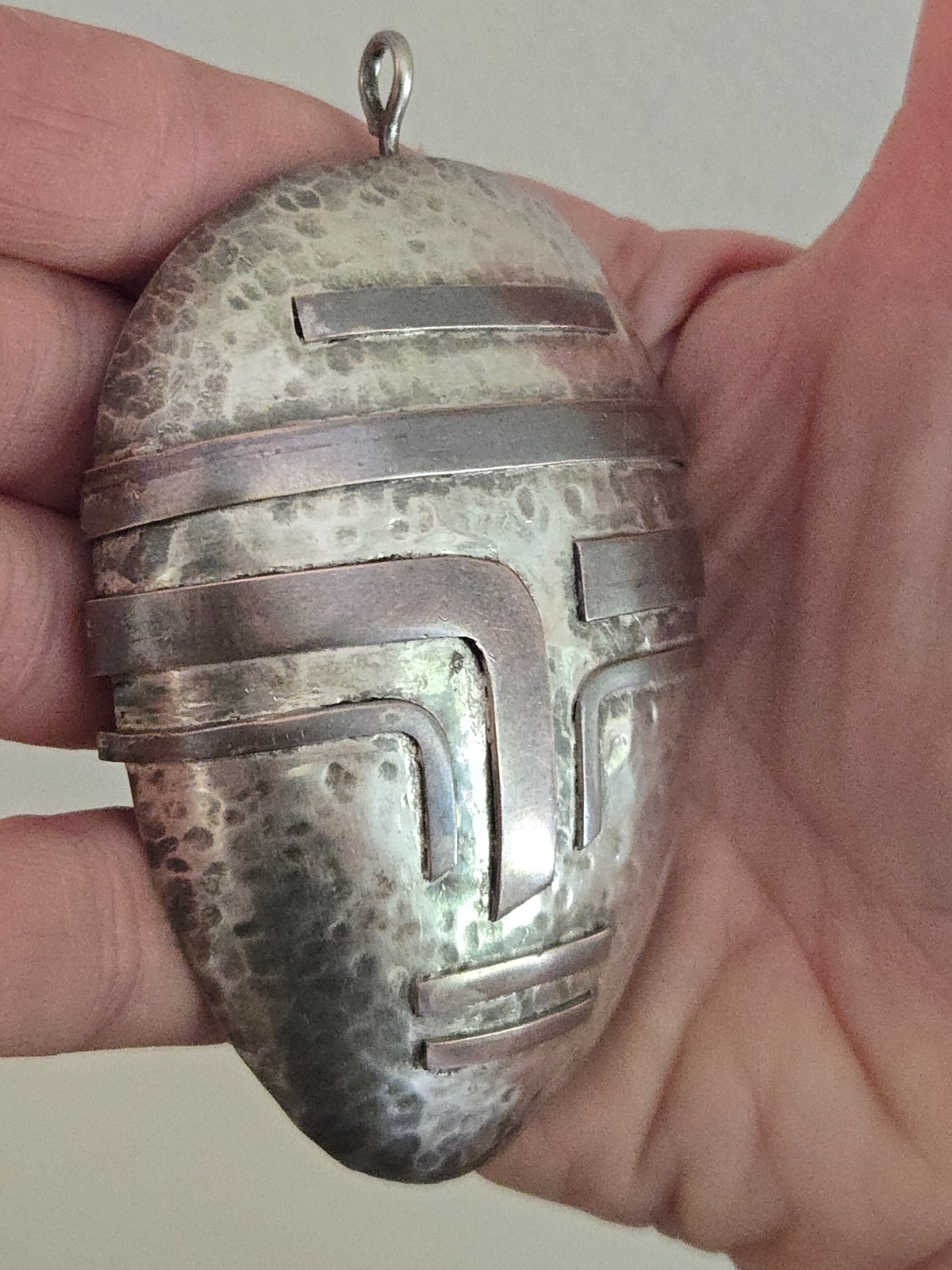 Large MCM Mexico Modernist Copper Silver Hammered Mayan Aztec Mask Pendant