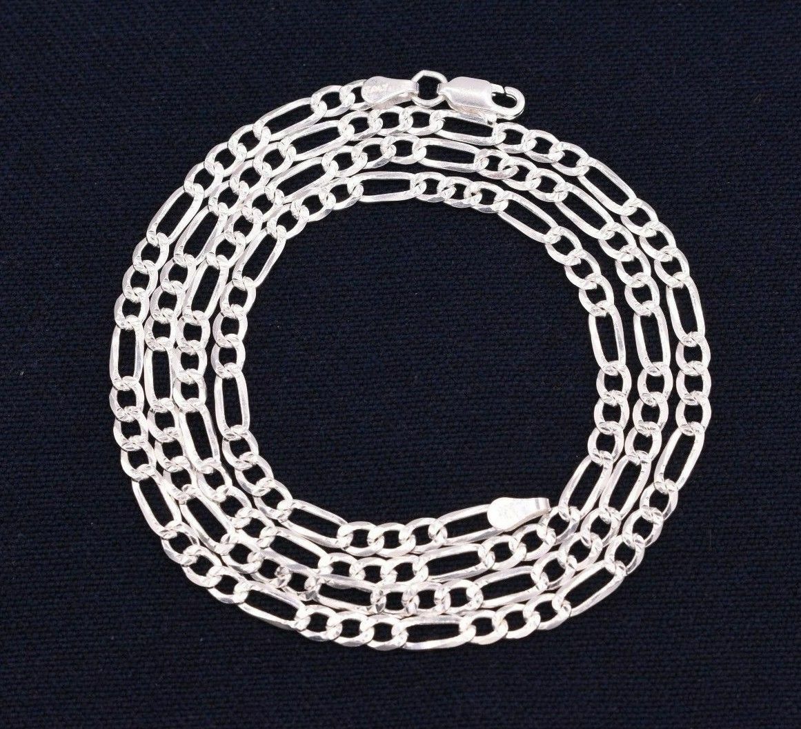 4mm Italian Figaro Pave Diamond Cut Link Chain Necklace Real Sterling Silver 925