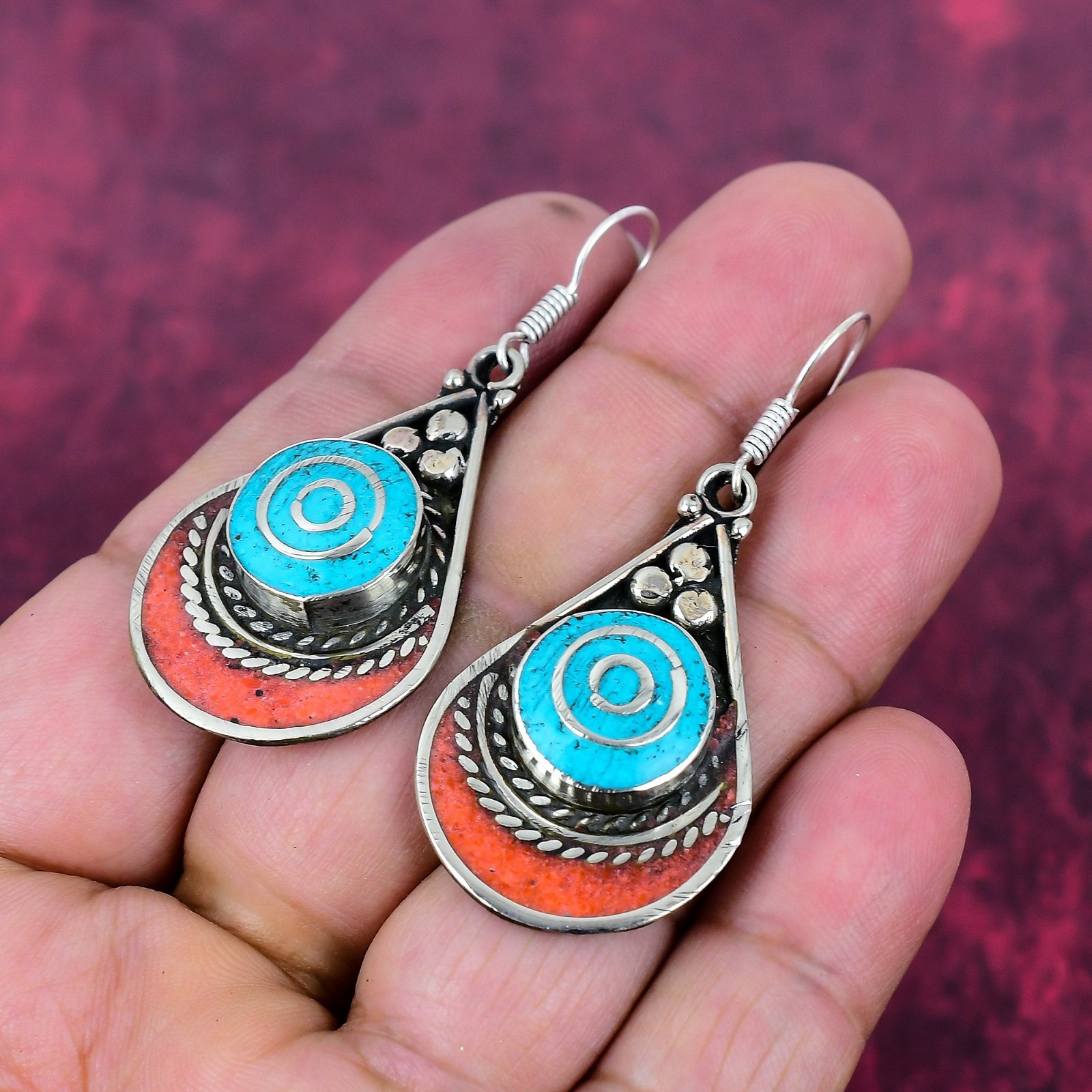 Turquoise & Coral Gemstone Handmade 925 Sterling Silver Jewelry Nepali Earrings