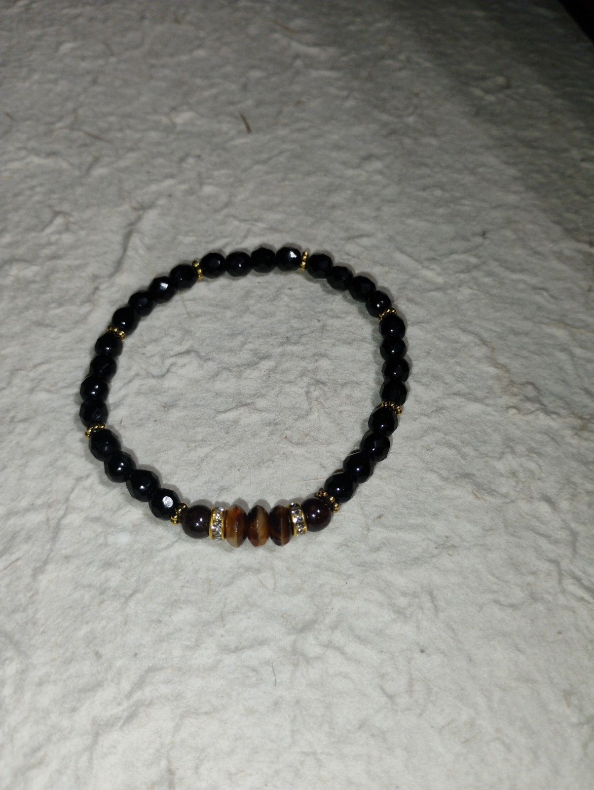 Tiger Eye And Black Obsidian Handmade Beaded Stretch Bracelet With Gold-Tone…