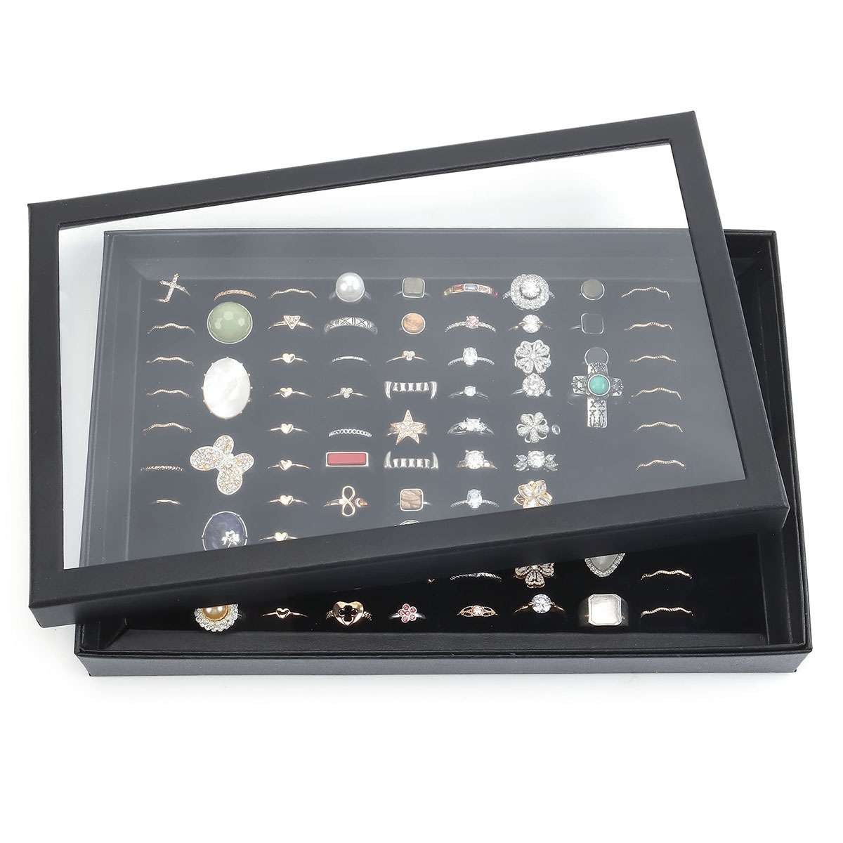 2Pc 100Slots Jewelry Ring Display Organizer Case Tray Holder Earring Storage Box