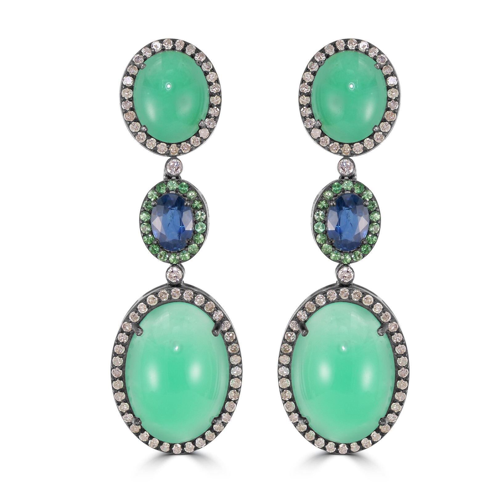 Victorian 31.35 Cttw. Chrysoprase, Blue Sapphire, Tsavorite and Diamond Earrings