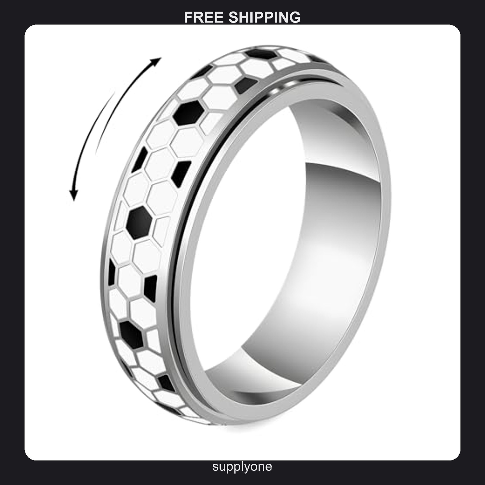 Stainless Steel Soccer Spinner Fidget Ring Size 7 Silver Sports Jewelry