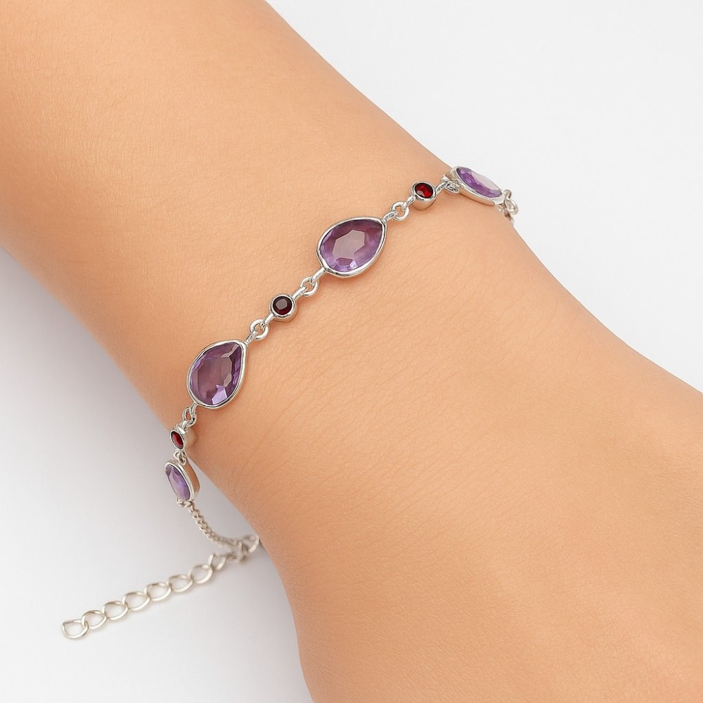 Amethyst Checker Briolette & Garnet 925 Sterling Silver Bracelet Jewelry B-1006