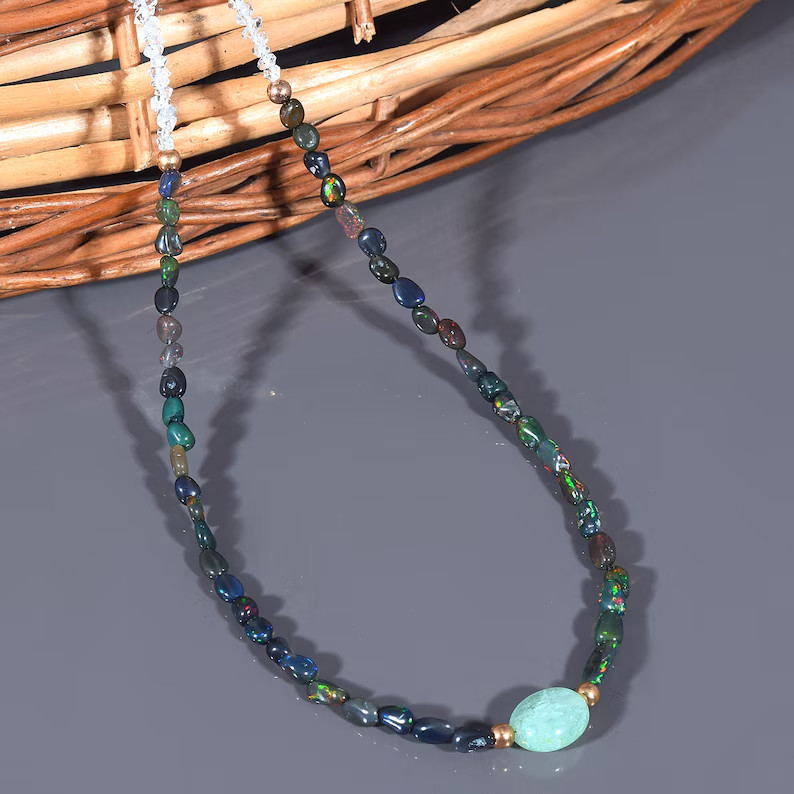 Natural Black Opal Herkimer Diamond Necklace 925 Sterling Silver Handmade Boho