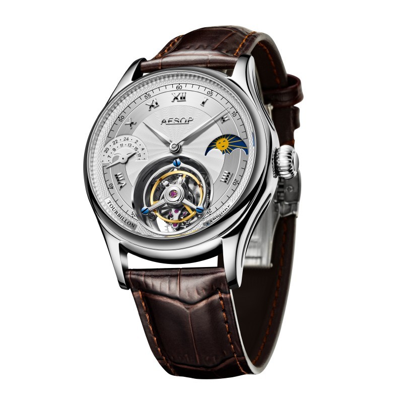 Aesop Flying Tourbillon Mechanical Sapphire Man Watch Lunar Phase Dial 7027