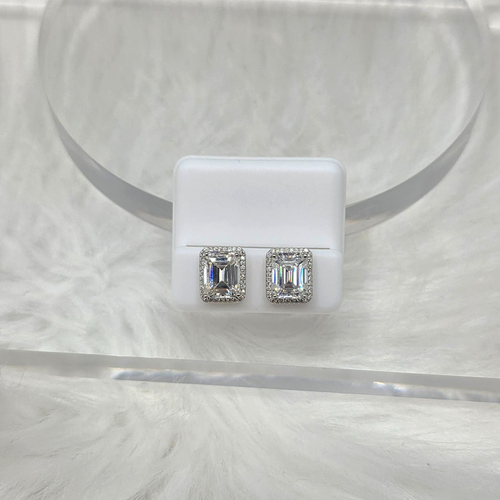 12mm, 8ct, Moissanite 925 Silver Stud Earrings, Rectangle with Halo, Unisex