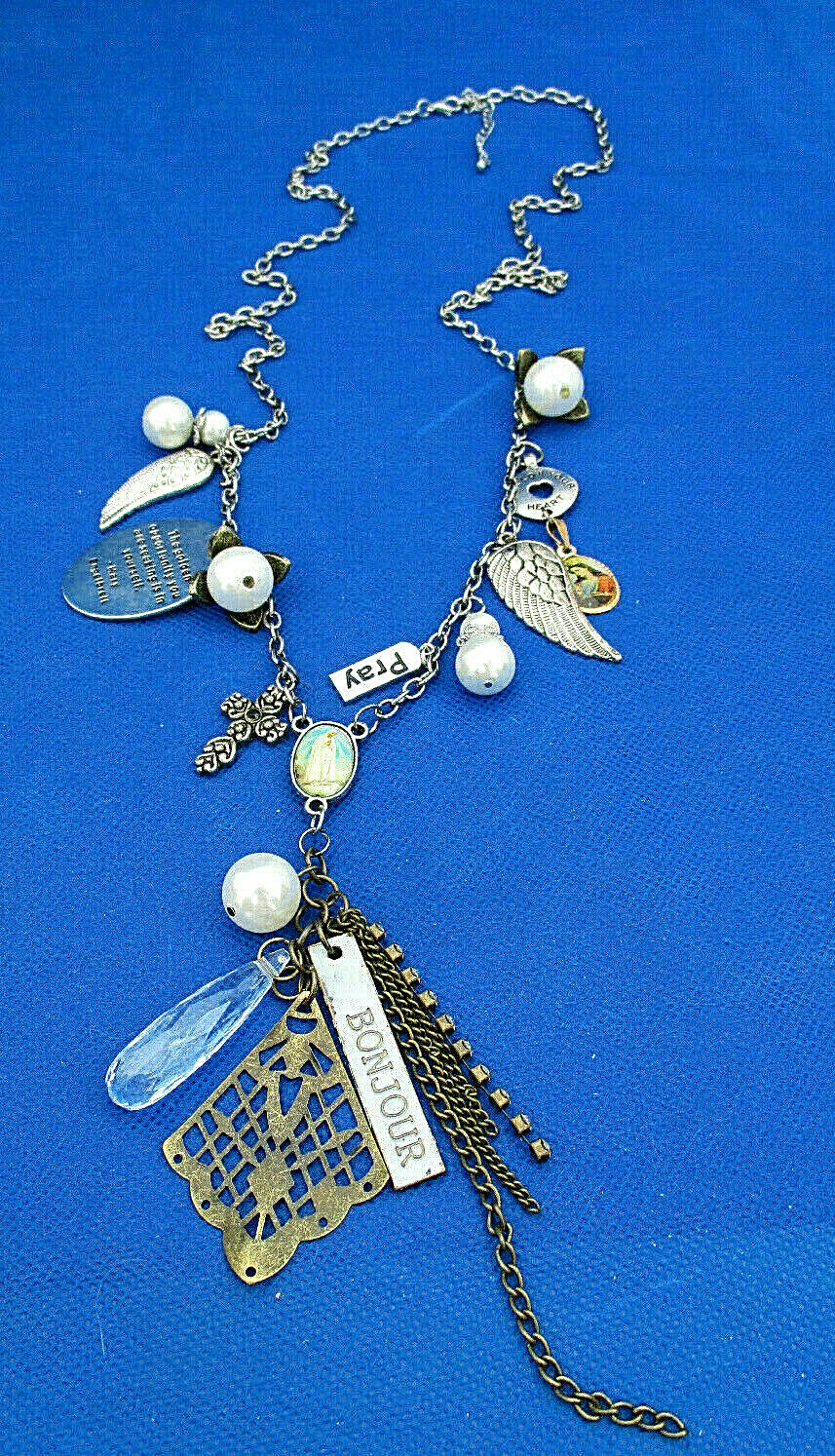Unique Artisan Necklace 34″ Recycled Parts Religious Theme Wings Love Saints EUC